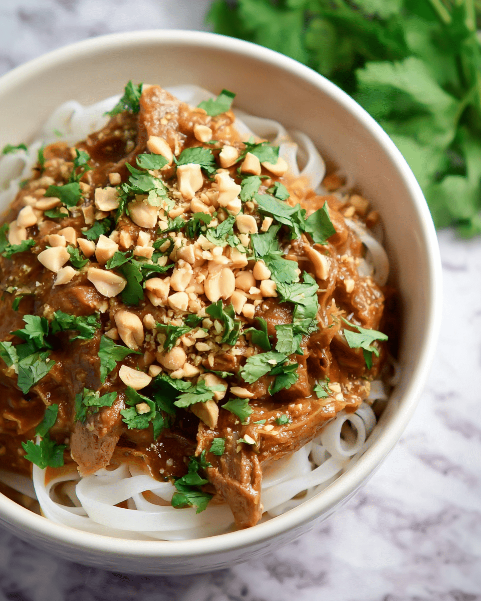 A white bowl is filled with three main layers: at the bottom, there are white flat noodles with a smooth texture; the middle layer is a chunky light brown sauce with pieces of tender meat mixed in; on top, there are chopped light tan peanuts sprinkled all over with bright green cilantro leaves scattered among them. The bowl sits on a white marbled surface with a blurred green herb leaf in the background. photo taken with an iphone --ar 4:5 --v 7