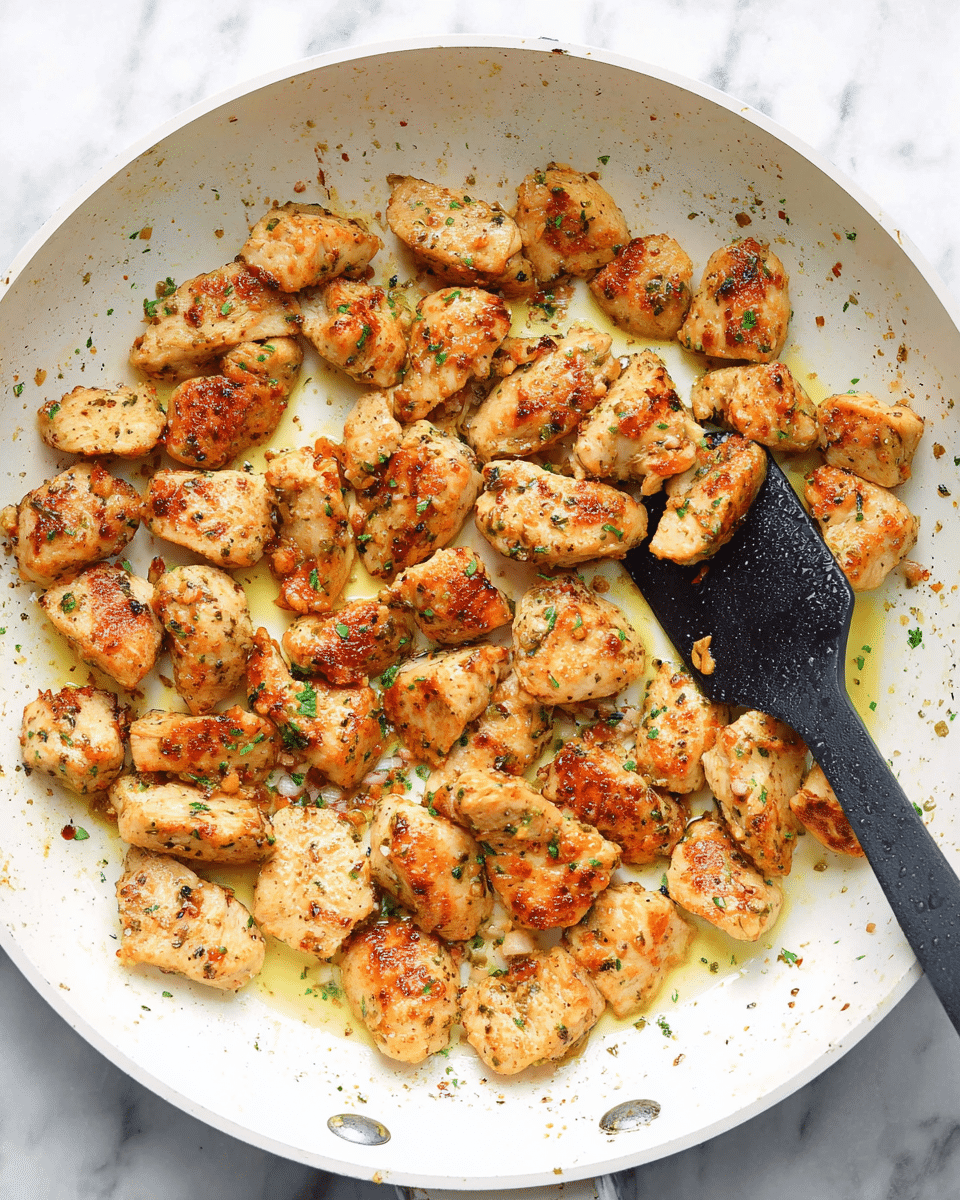 A white frying pan sits on a white marbled surface, filled with golden-brown cooked chicken pieces scattered evenly across the bottom. The chicken pieces have a slightly crispy texture with some charred spots and are sprinkled with small green herb bits. A black spatula is partially under some chicken pieces on the right side of the pan. There is a light layer of golden oil and seasoning residues around the chicken, giving a shiny look. photo taken with an iphone --ar 4:5 --v 7