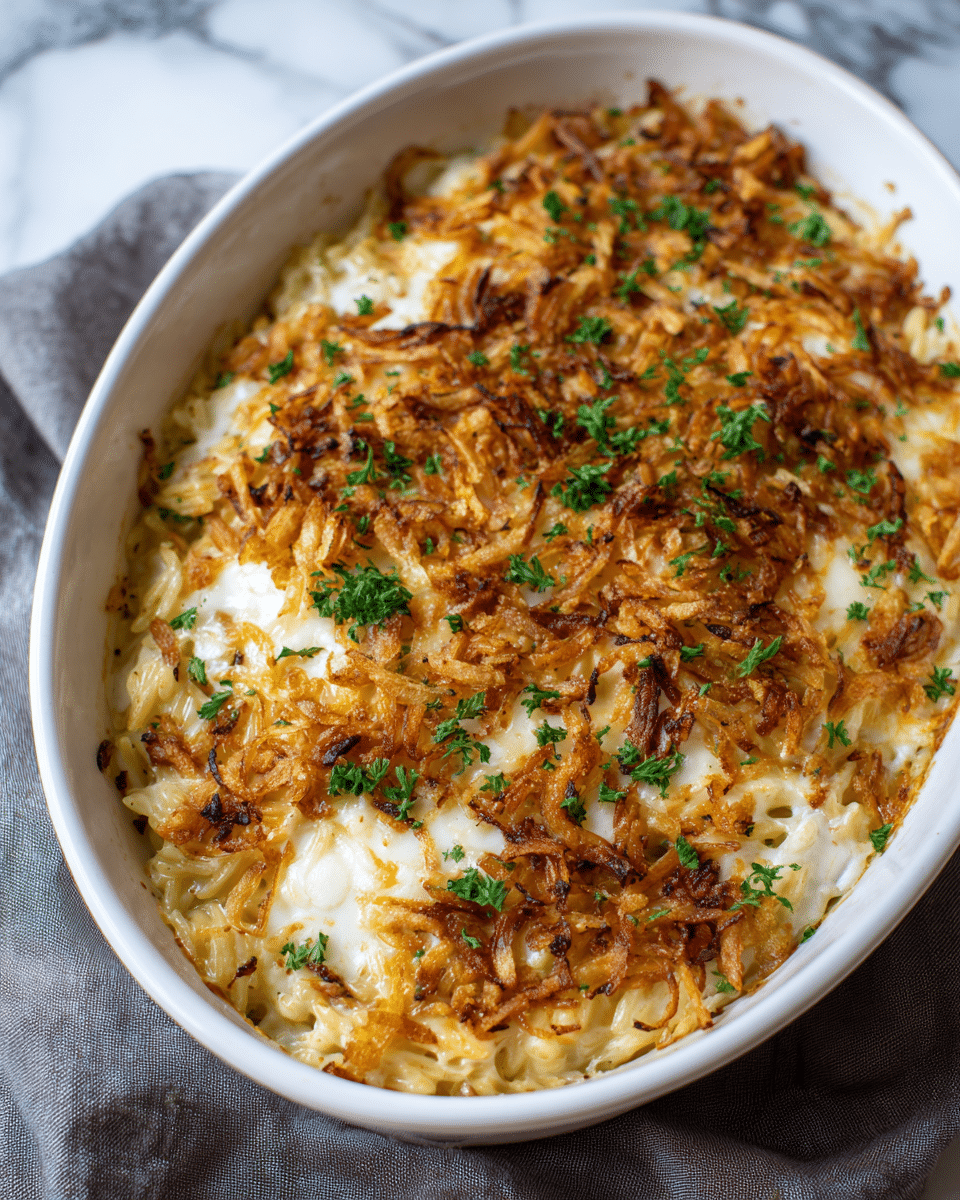 A white oval dish filled with a baked casserole showing three main layers: the bottom layer is a creamy, light yellow rice or pasta mixture; the middle layer is melted white cheese that looks soft and smooth; and the top layer is golden brown crispy fried onions spread unevenly with small green parsley pieces scattered on top. The dish sits on a soft grey cloth, and the background is a white marbled texture. photo taken with an iphone --ar 4:5 --v 7