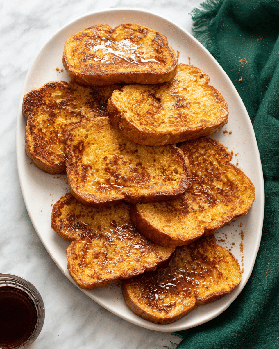 A white oval plate holds eight slices of French toast stacked unevenly. Each slice has a golden-brown color with darker brown spots where it was cooked, showing a slightly crispy texture. The toast's surface has small white spots from melted butter or syrup. A few crumbs and light sprinkles of cinnamon are visible on the plate around the toast. The plate is set on a white marbled surface with a green cloth napkin folded and placed to the right side. Part of a glass cup with dark syrup is seen at the bottom left corner of the image. Photo taken with an iphone --ar 4:5 --v 7