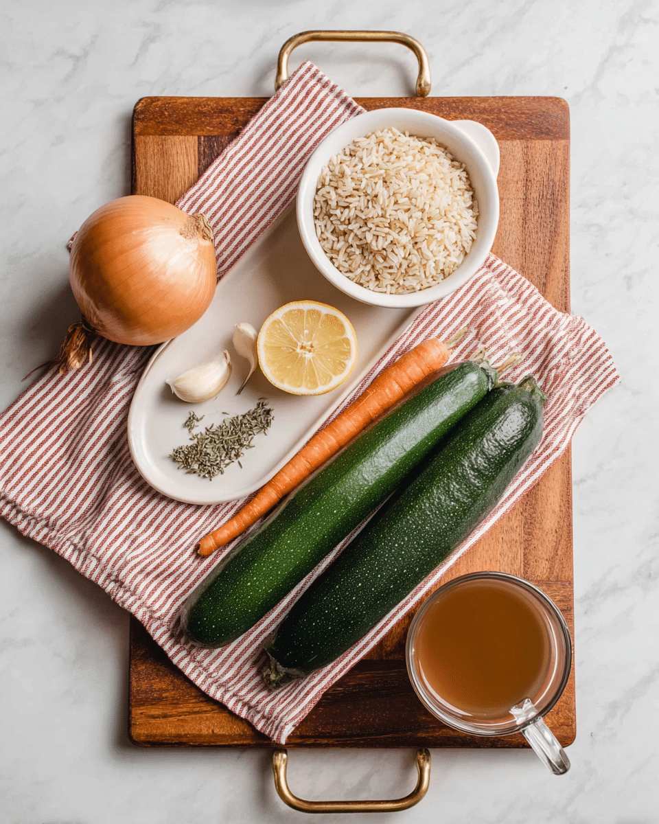 A white oval plate sits on top of a red and white striped cloth, which rests on a wooden board with gold handles, placed on a white marbled surface. On the plate, there is one whole light brown onion on the left, two cloves of garlic next to it, a small dry leaf in grey color, three sprigs of dry herbs with fine leaves, and one long orange carrot lying diagonally across the plate. On the wooden board, two large shiny green zucchinis lie side by side on the cloth, with a halved lemon showing its yellow inside next to them. A small white bowl filled with uncooked brown rice is in the top left corner of the board. In the bottom right corner, a clear glass cup with a handle contains a light brown liquid, likely broth or tea. Photo taken with an iphone --ar 4:5 --v 7