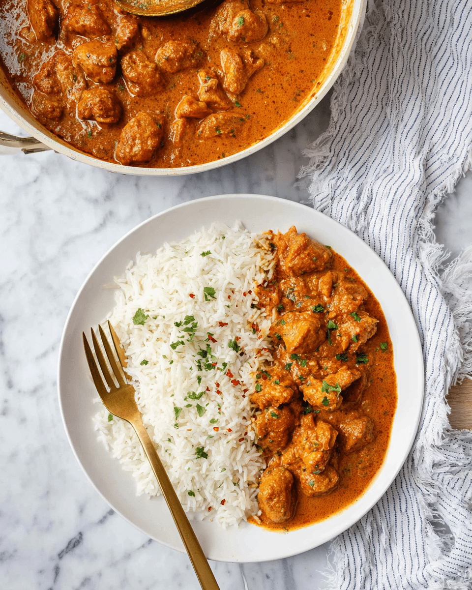 A white plate divided into two parts: the left half has white rice with small green herb bits on top, showing a soft, fluffy texture; the right half holds a rich orange-brown curry with chunks of tender meat covered in thick sauce, garnished lightly with green herbs and tiny red flakes. A golden fork rests on the rice side, with its top touching the food. Above the plate, a white pan shows more of the same curry with a golden spoon inside. The whole scene is on a white marbled surface, with a white cloth, patterned with blue stripes, nearby. photo taken with an iphone --ar 4:5 --v 7