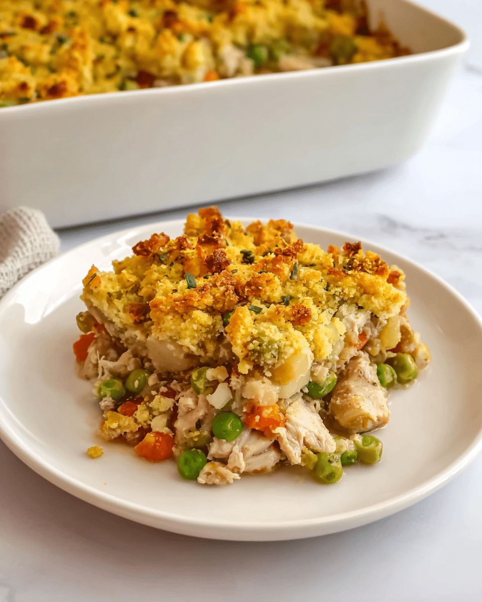 A white plate has a layered dish with three main layers visible: the bottom layer is chunky pieces of light brown cooked chicken, the middle layer has small green peas and orange carrot bits mixed with slightly translucent potato chunks, and the top layer is a crumbly, golden-yellow crust with a rough texture and some browned spots. The dish looks moist and mixed together, placed on a white marbled surface with a white baking dish in the background holding more of the same food. photo taken with an iphone --ar 4:5 --v 7