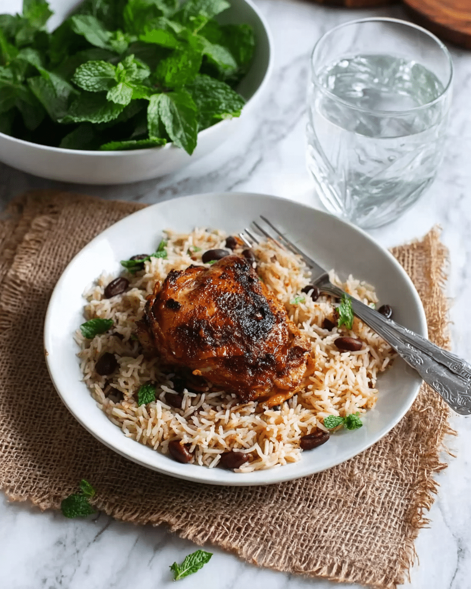 A white plate holding two main layers: the bottom layer is a heap of cooked rice mixed with small dark beans, showing a fluffy and slightly oily texture with green herb bits scattered on top; resting on this is a single piece of browned, crispy chicken with a rich golden-brown skin and slightly charred spots, positioned centrally on the rice. To the right of the plate, there is a silver fork leaning over the edge, and the plate sits on a piece of burlap fabric on a white marbled surface. Behind the plate, there is a clear glass of water filled almost to the top, and further back, a white bowl filled with fresh green mint leaves. Photo taken with an iphone --ar 4:5 --v 7