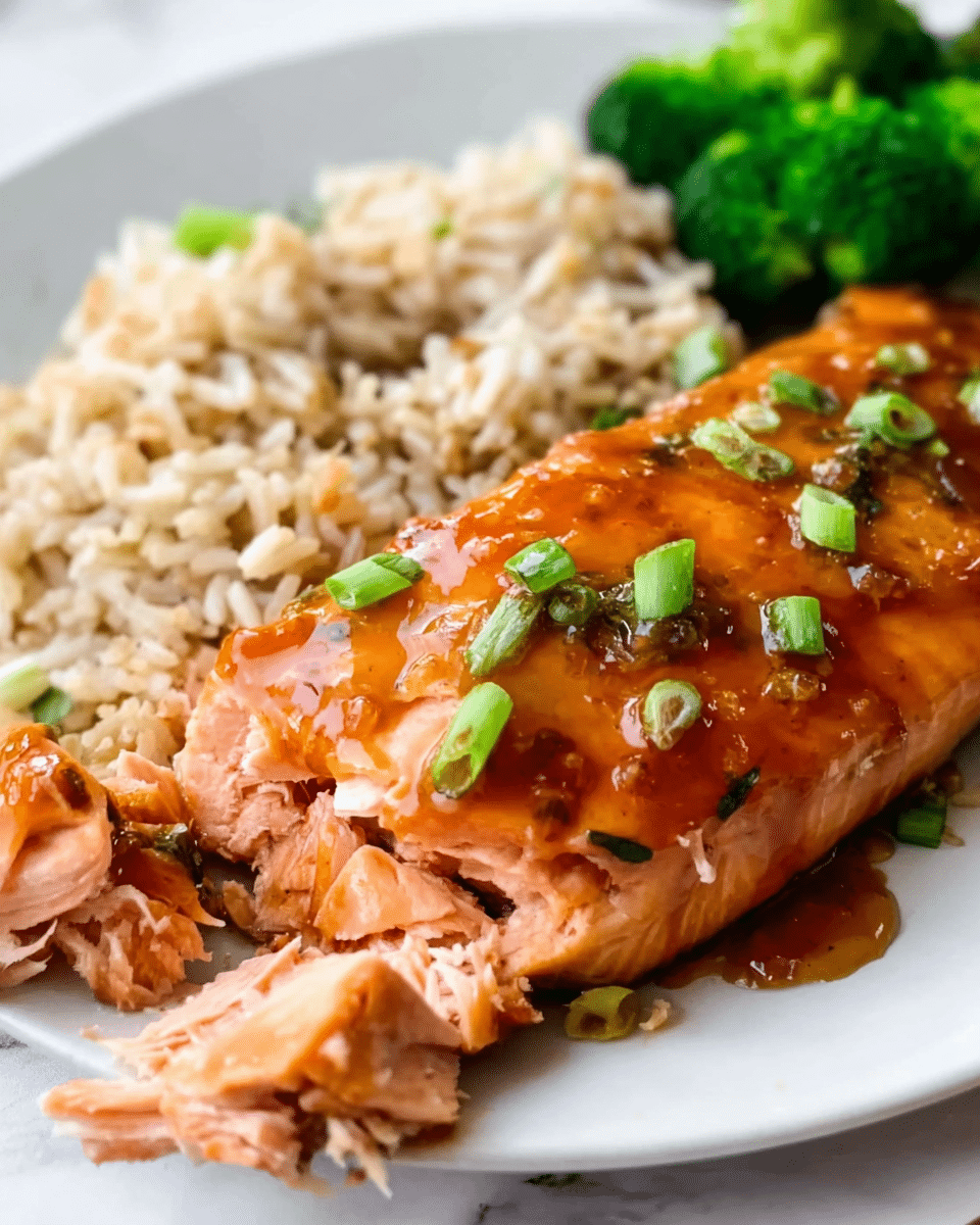 A white plate on a white marbled surface holds a close-up of a cooked salmon fillet with a shiny orange glaze and small green onion slices on top; the salmon is partially sliced at the front, showing its pink inside and flaky texture. Behind the salmon, there is a portion of brown rice with visible grains and a small piece of green broccoli adding color to the background. The whole image is bright with natural light highlighting the textures and colors of the food. Photo taken with an iphone --ar 4:5 --v 7
