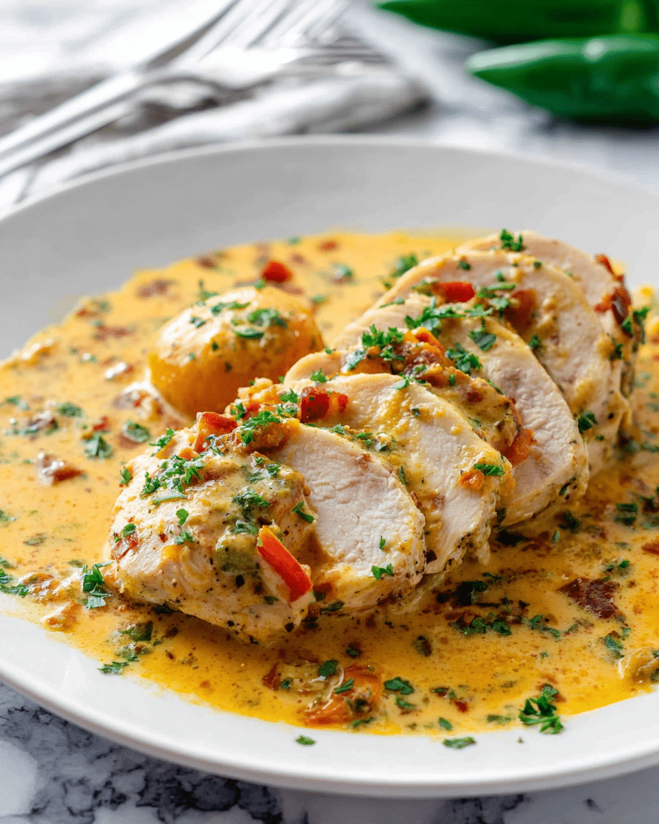 A white plate on a white marbled surface holds six slices of cooked chicken layered slightly overlapping in the center. The chicken is light brown with a creamy yellow-orange sauce coating each piece, mixed with small bits of red and green vegetables. The sauce pools at the bottom of the plate, covering the base, and there are finely chopped green herbs sprinkled on top and around the dish. A single small round cooked vegetable is nestled beside the chicken slices. The plate is set against a blurred white marbled background, with green peppers and silver forks in the background. Photo taken with an iphone --ar 4:5 --v 7