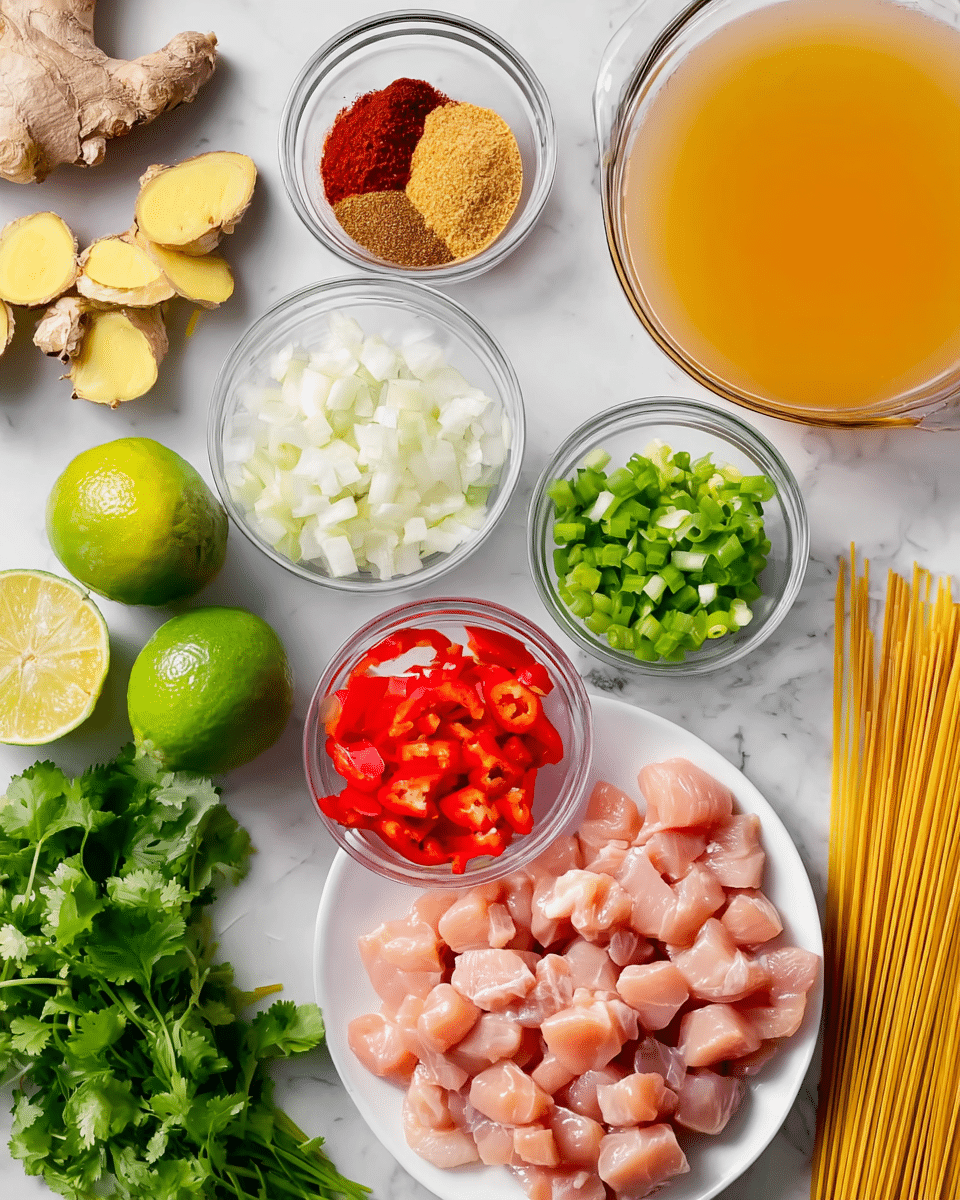 A white plate on the bottom right filled with small cubed raw pink chicken pieces, surrounded by clear glass bowls holding chopped white onions, brown sugar, red paste, green sliced spring onions, and diced red bell peppers. To the left, two whole limes, one cut in half showing bright green inside, fresh green cilantro leaves, light yellow garlic cloves, two large light brown and sliced ginger roots, a clear bowl with light orange broth, and a bundle of uncooked thin spaghetti are arranged on a white marbled surface. photo taken with an iphone --ar 4:5 --v 7