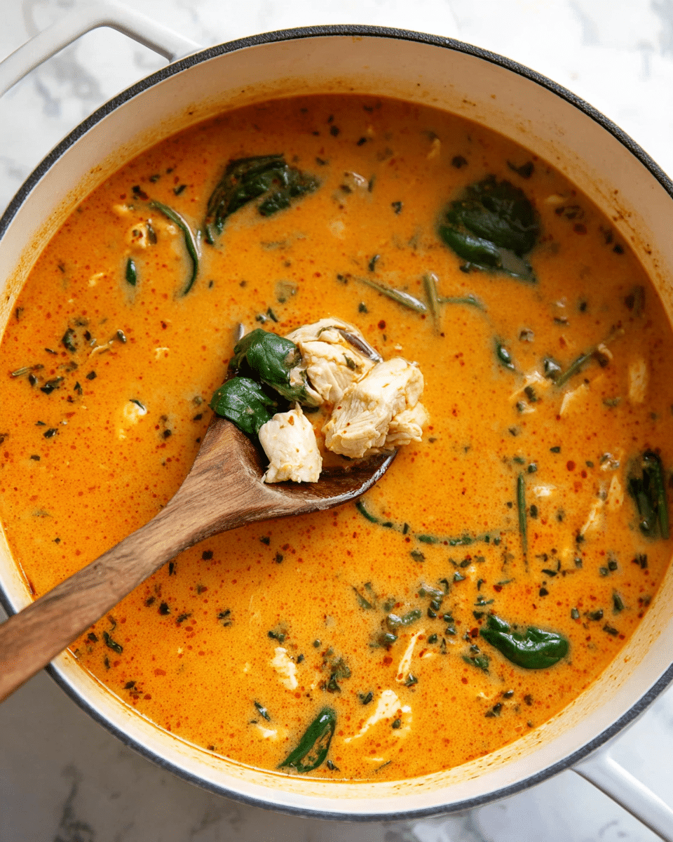 A white pot filled with an orange creamy soup that has specks of herbs and spices throughout. Inside the soup, there are pieces of white chicken and green spinach leaves scattered surface-level. A wooden spoon is partially submerged in the soup, holding a chunk of white chicken and some spinach. The pot is placed on a white marbled surface. photo taken with an iphone --ar 4:5 --v 7