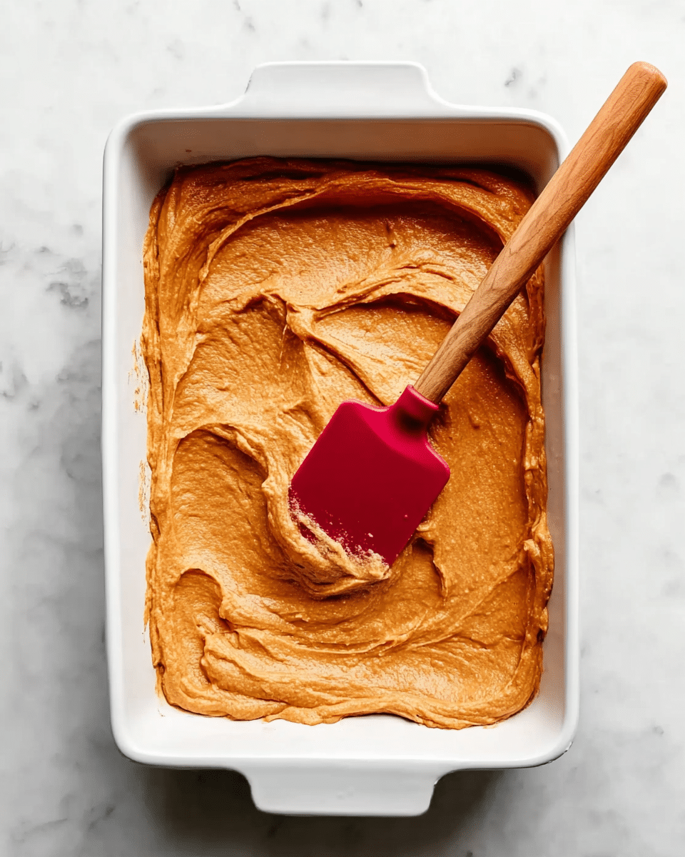 A white rectangular baking dish filled with a thick, smooth orange-brown batter that is spread evenly inside. A woman's hand holds a red spatula with a wooden handle resting on the batter, slightly smoothing its surface. The dish sits on a white marbled surface, and the batter texture looks creamy and firm. Photo taken with an iphone --ar 4:5 --v 7