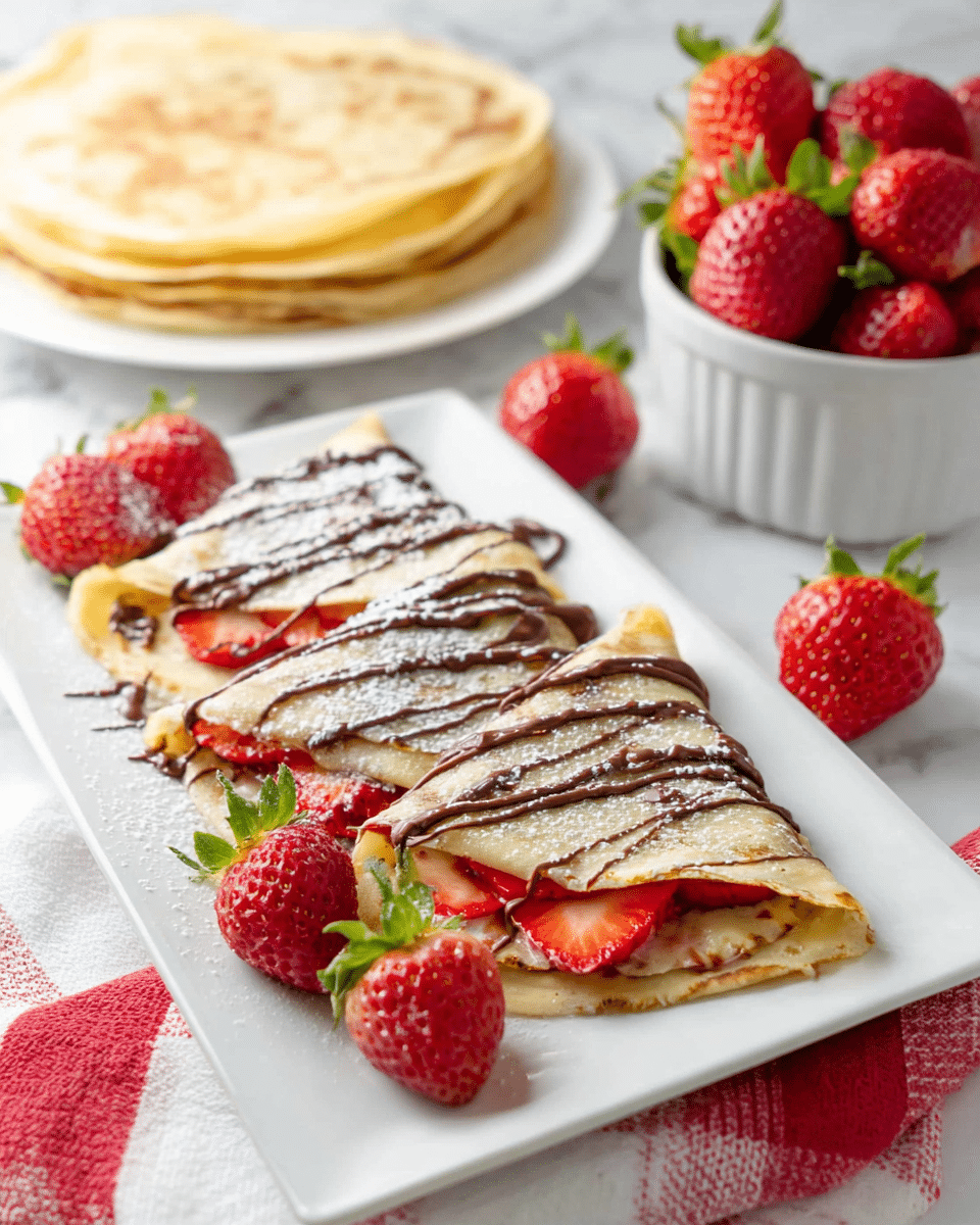 A white rectangular plate holds two sets of thin crepes folded into quarters, each crepe layered with visible slices of bright red strawberries and dusted lightly with powdered sugar. Thin streaks of chocolate drizzle cross the crepes, adding contrast to their golden-brown, slightly crisp edges. Fresh whole strawberries are placed on top and around the plate. Behind the plate, a neat stack of plain golden crepes rests on a white round plate. To the right, a white bowl is filled with a pile of fresh strawberries. The background and surrounding surface display a white marbled texture with parts of a red and white checkered cloth visible. photo taken with an iphone --ar 4:5 --v 7