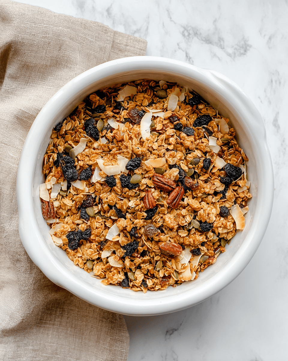 A white round ceramic bowl filled with toasted granola. The granola is made of rolled oats, mixed nuts like pecans, pumpkin seeds, dried dark berries, and large coconut flakes. The mix shows different shades of light brown and dark brown with some black and white accents. The bowl is placed on a white marbled surface with a light brown cloth partially seen to the left side. The granola has a rough, crunchy texture visible from the top view photo taken with an iphone --ar 4:5 --v 7
