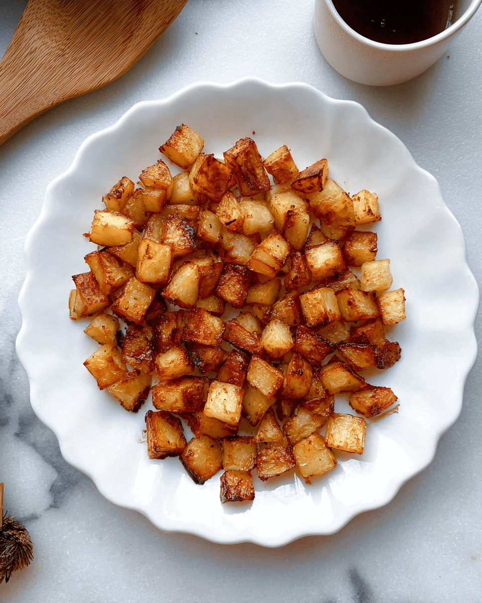 A white scalloped plate holds a layer of small, golden-brown roasted potato cubes with a slightly crispy texture and some darker caramelized edges spread evenly across the plate. The background is a white marbled surface with a hint of other objects partly visible, including a wooden spatula and a cup containing a dark liquid near the edges of the frame. Photo taken with an iphone --ar 4:5 --v 7
