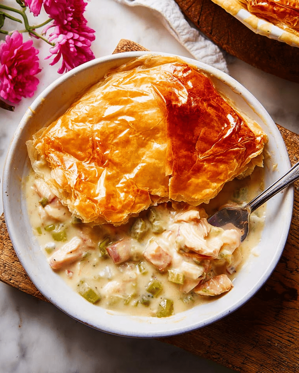 A white shallow bowl holds a serving of creamy chicken pot pie with a thick, pale yellow sauce mixed with small chunks of light pink chicken and green celery pieces at the bottom layer. On top lies a large piece of golden brown, flaky puff pastry crust with a shiny, crispy texture and slightly uneven, layered edges. A silver fork rests inside the bowl, partially cutting into the crust, lifting a piece to reveal the creamy filling underneath. The background features a white marbled surface and a rustic wooden board, with part of the casserole dish showing in the top left corner and bright pink flowers on the bottom left. Photo taken with an iphone --ar 4:5 --v 7