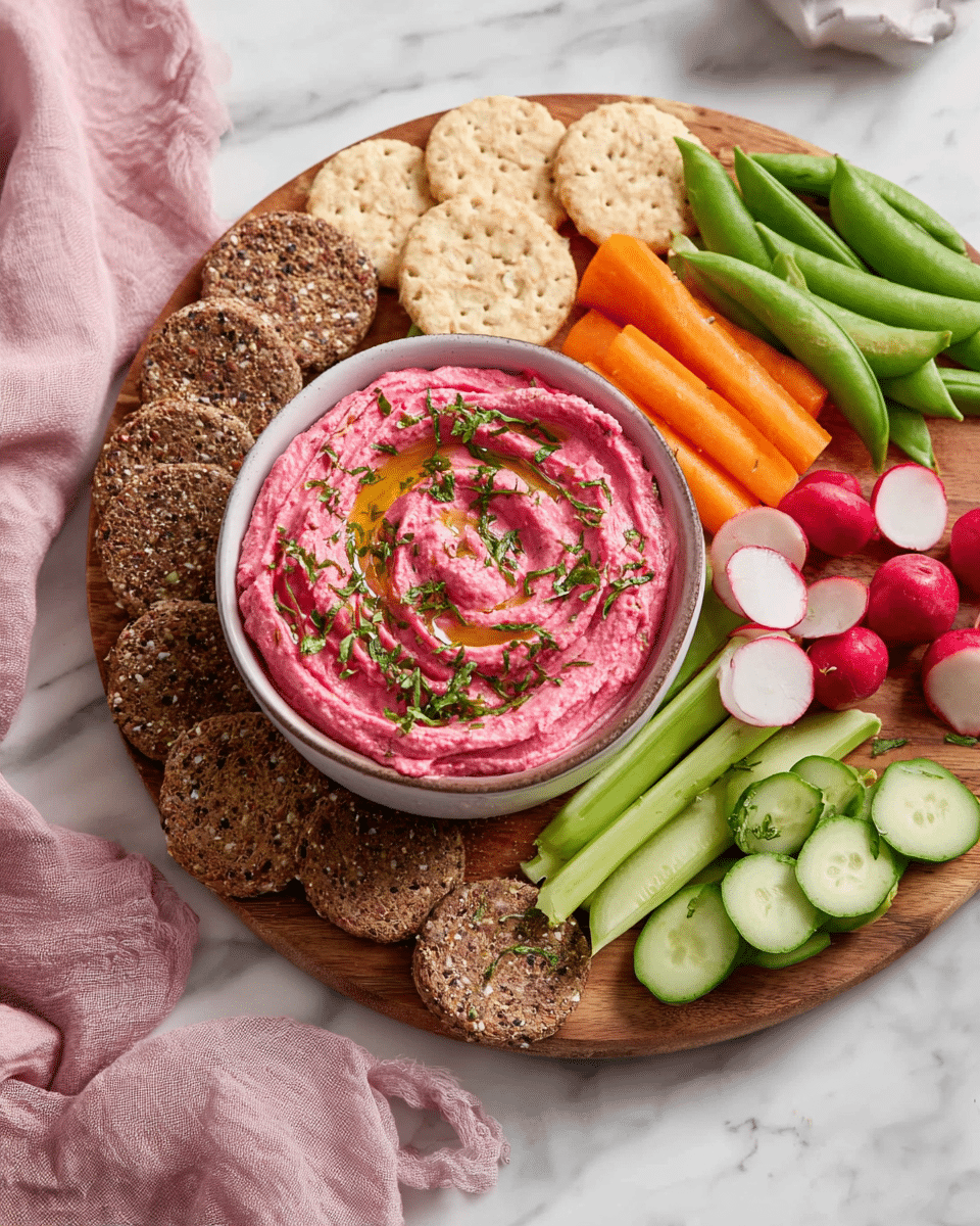 A wooden board holds a bowl of bright pink hummus in the center, swirled and topped with green herbs and a drizzle of oil. Surrounding the bowl are fresh vegetable sticks: light green celery sticks and circular cucumber slices at the bottom right, vibrant green snap peas and quartered red radishes on the middle right, bright orange baby carrots at the top, and two types of crackers on the left—light brown round seed crackers at the bottom left and darker rectangular seed crackers above them. The board sits on a white marbled surface with a pale pink cloth nearby. Photo taken with an iphone --ar 4:5 --v 7