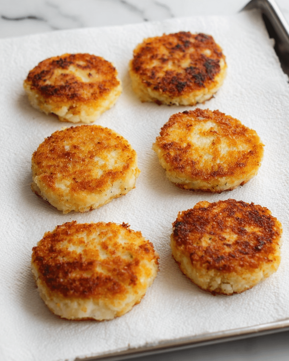 Five golden brown, round patties are placed on a white paper towel, which sits on a metal tray. Each patty has a crispy, light brown crust on the top and edges, with uneven white and light yellow patches showing a soft texture inside. The patties are spaced apart evenly on the towel, and the background shows a white marbled surface. The scene is well-lit, highlighting the crispy texture and warm colors of the patties. photo taken with an iphone --ar 4:5 --v 7