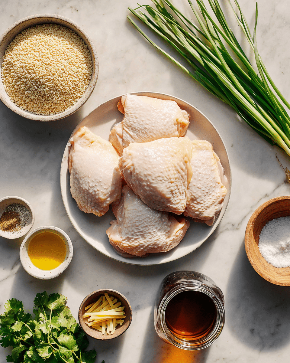 Four raw chicken thighs with pale pink skin and slight shine are layered closely in the center of a white plate. Around the plate, there are small bowls and fresh ingredients placed on a white marbled surface: a bowl of short-grain rice with a light creamy color, a bowl of thin pale yellow ginger sticks, a small amount of light brown liquid in a shallow bowl, a small bowl of golden olive oil, a bunch of long green onions, fresh green cilantro leaves, a small bowl of pale ground pepper, and a wooden bowl of coarse white salt. A glass jar filled with dark amber-colored liquid sits at the bottom right corner. The lighting is soft and natural with light shadows. Photo taken with an iphone --ar 4:5 --v 7
