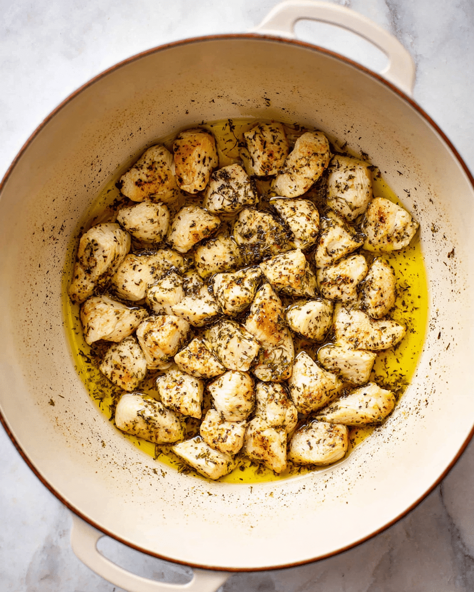 Inside a white pot with a light brown interior rim, there are many small, cooked pieces of light golden chicken scattered evenly across the bottom. Each piece is seasoned with black and green herbs, giving a speckled look on the surface. A thin layer of yellow cooking oil spreads around the chicken, creating a slight shine. The pot sits on a white marbled surface. photo taken with an iphone --ar 4:5 --v 7