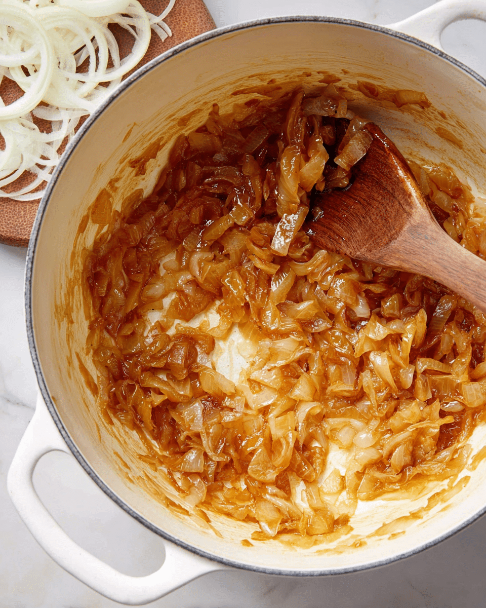 Inside a white pot with two handles, there is a layer of cooked onions that are soft and translucent with a caramel brown color. The onions have a slightly shiny texture from the oil or butter used during cooking. A wooden spoon is resting inside the pot, partially covered in the glossy onions. In the background, there is a white marbled surface with thin, curled white vegetable slices on a wooden board. The photo was taken with an iphone --ar 4:5 --v 7