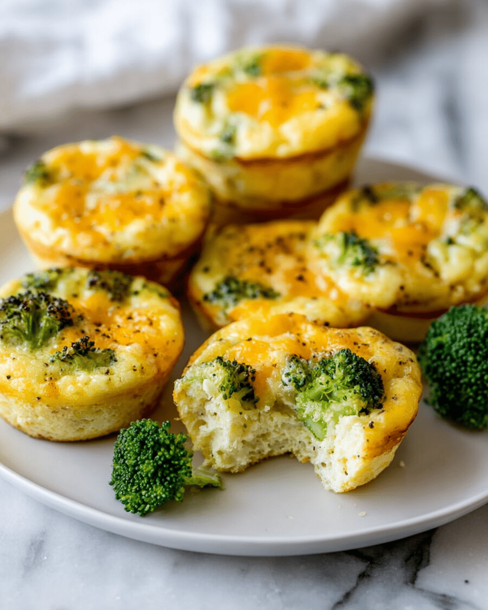 Seven mini egg muffins sit on a white plate against a white marbled surface. Each muffin shows a top layer of melted yellow-orange cheese with green broccoli pieces mixed inside a light yellow egg base. One muffin in front has a bite taken out, revealing a soft, fluffy inside with visible broccoli pieces and melted cheese. The muffins have a lightly browned edge and some black pepper sprinkled on top. A small broccoli floret lies nearby on the surface. photo taken with an iphone --ar 4:5 --v 7