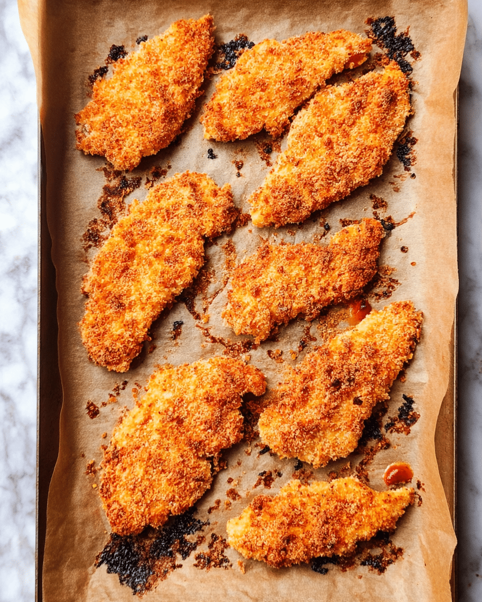 The image shows a baking tray lined with light brown parchment paper covered with seven pieces of breaded food, likely chicken tenders, arranged randomly. The breaded pieces are golden brown and crispy, with some darker toasted spots, and have a rough textured surface. The tray has some black burnt crumbs scattered around, adding contrast to the warm tones. One piece near the bottom right has a small bit of red sauce peeking out from under the breading. The background is a white marbled texture. photo taken with an iphone --ar 4:5 --v 7