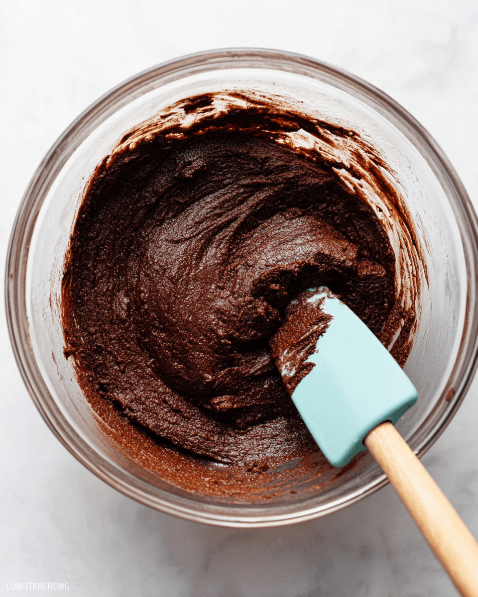The image shows a clear glass mixing bowl containing one thick layer of dark brown chocolate batter with a smooth, creamy texture that looks moist and rich. A light blue spatula with a wooden handle is partly dipped into the batter on the right side, showing some of the batter stuck to it. The bowl is placed on a white marbled surface, which adds a clean, bright background to the photo taken with an iphone --ar 4:5 --v 7