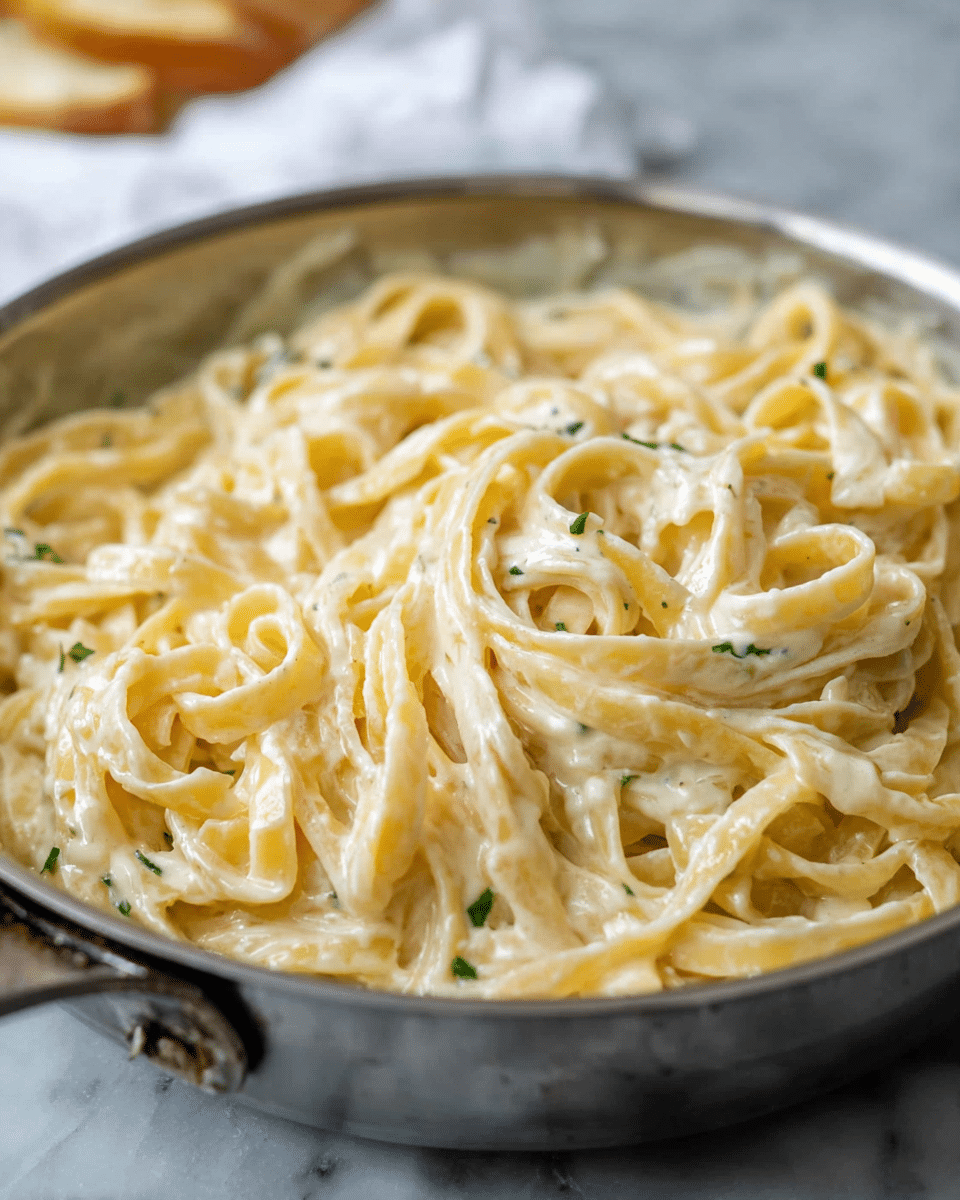 The image shows a close-up of a pan filled with creamy fettuccine pasta. The pasta noodles are thick and long, coated evenly with a smooth, pale yellow creamy sauce that has a few green herb specks scattered throughout. The pan is silver metal, round, and filled to the edges with the pasta mixture. In the background, there is a blurry white cloth or napkin and a white marbled surface underneath. The texture of the sauce looks rich and velvety, and the pasta strands are twisted and piled on top of each other in a loose, natural way. photo taken with an iphone --ar 4:5 --v 7