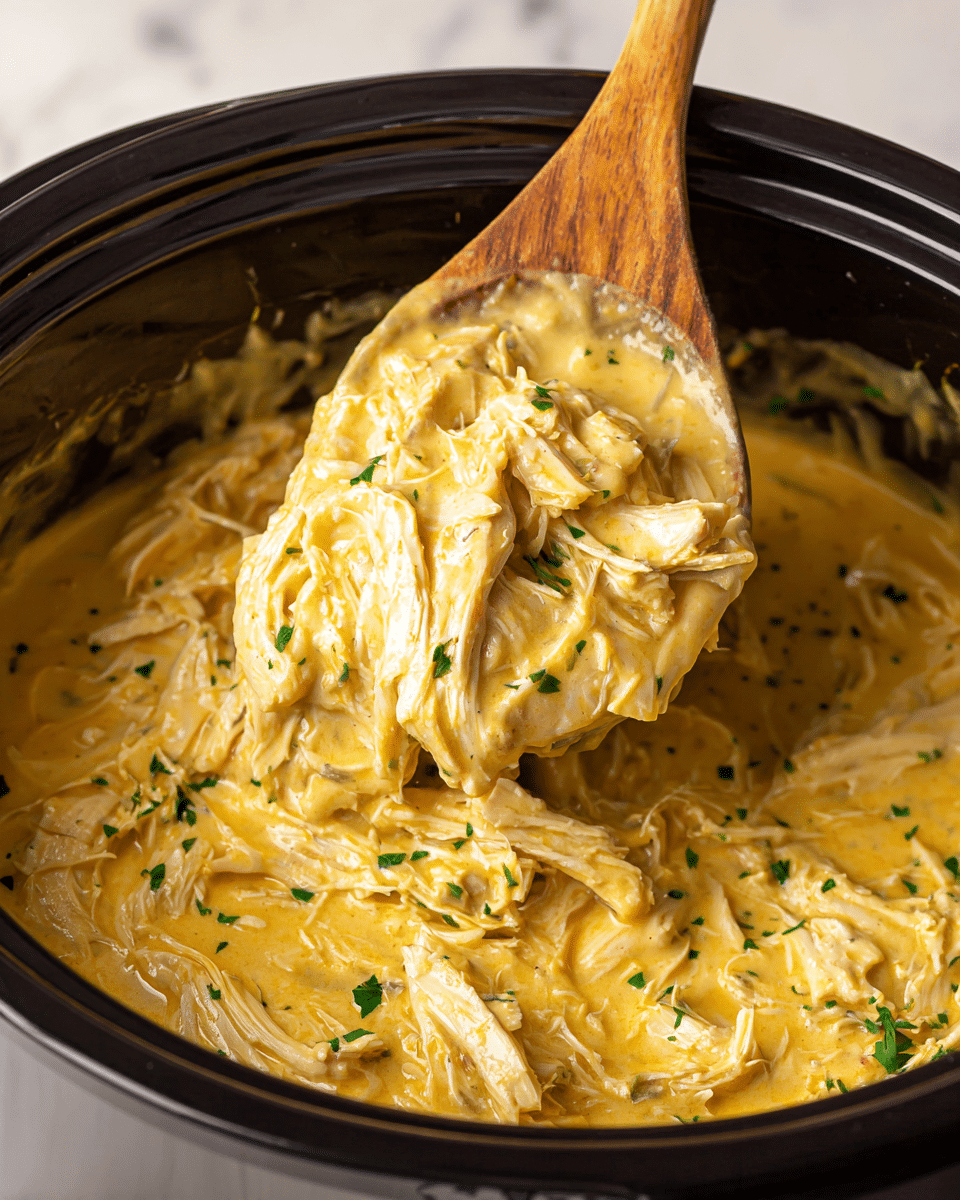 The image shows a close-up of shredded chicken mixed with a thick, creamy yellow sauce in a black pot. The chicken is tender and coated evenly with the sauce, which has a smooth texture and small bits of green herbs scattered throughout. A wooden spoon lifts a portion of the chicken and sauce from the pot, highlighting the layers of pale strips of chicken soaked in the rich sauce. The scene is set against a white marbled background. photo taken with an iphone --ar 4:5 --v 7
