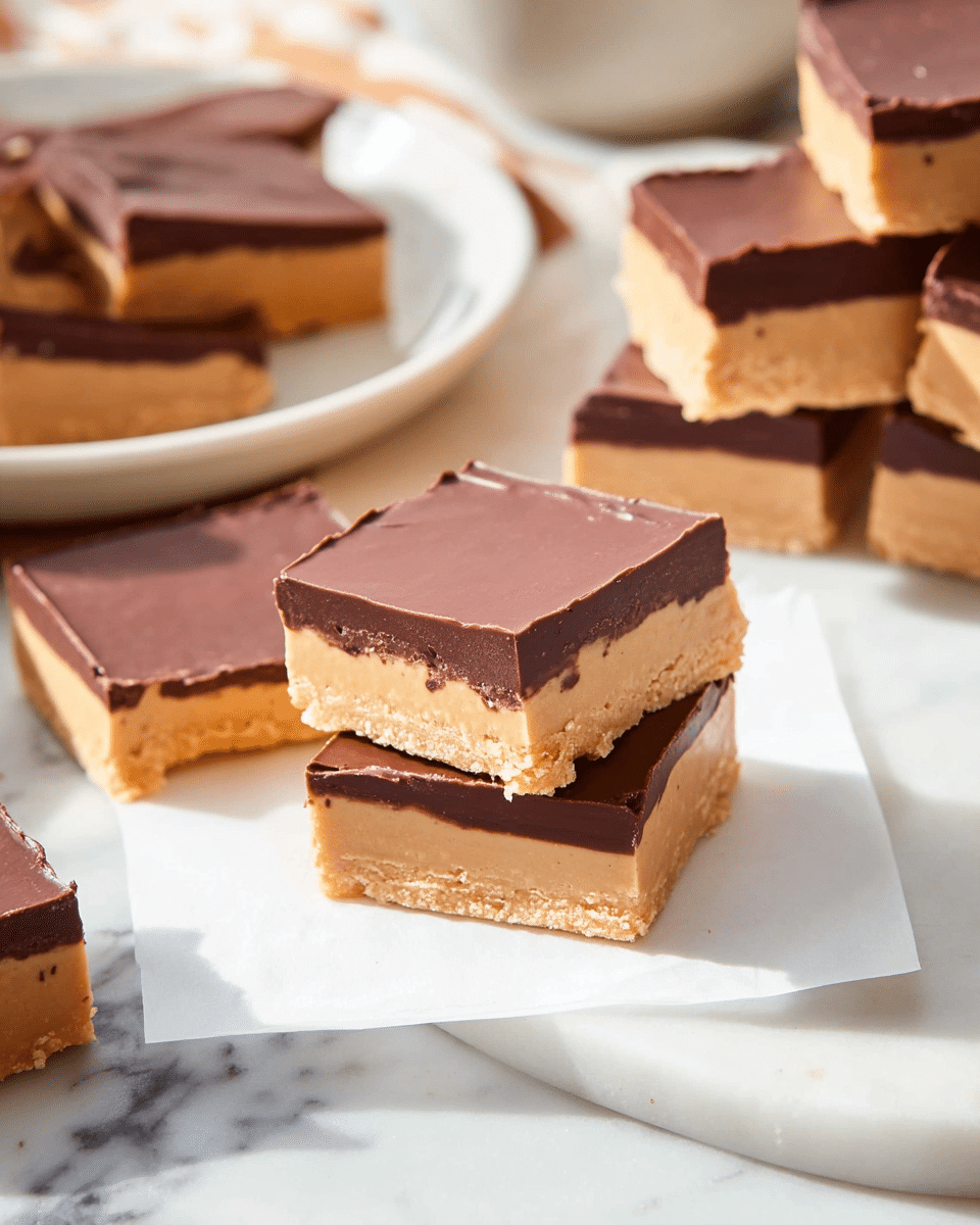 The image shows a close-up of square dessert bars with two layers placed on a white marbled surface. Each bar has a thick light brown bottom layer with a smooth, creamy texture, and a thinner, darker brown top layer that looks like chocolate, smooth and slightly shiny. The bars are arranged in small stacks and some are laid flat, with one bar leaning against another in the foreground. In the background is a white plate filled with more stacked bars, and to the side, part of a white bowl is visible. The scene is bright and focused on the bars, capturing their layered texture clearly. Photo taken with an iphone --ar 4:5 --v 7