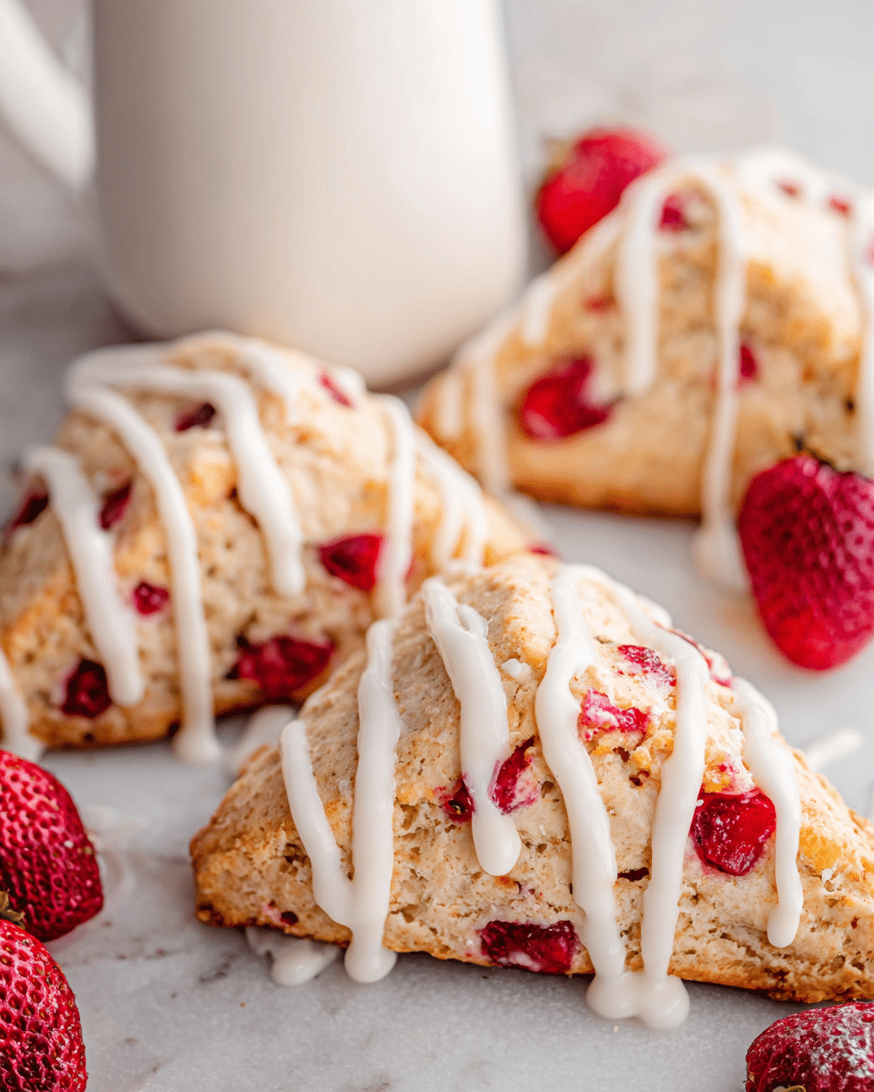 The image shows a close-up of three triangular scones with a light golden-brown crust, speckled with bright red pieces of strawberries. Each scone is drizzled with white icing in uneven lines across the top. Around the scones, there are whole red strawberries, and all the items rest on a white marbled surface. In the background, there is a white container partially visible, adding soft contrast to the scene. The texture of the scones looks soft and crumbly, with juicy strawberry bits visible inside and on the edges. Photo taken with an iphone --ar 4:5 --v 7