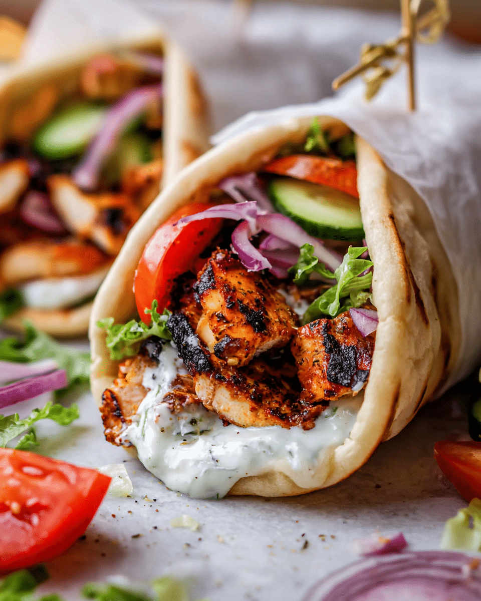 The image shows a close-up of two pita wraps resting on a white marbled surface. Each wrap is filled with three visible layers: the base layer is creamy white sauce, followed by a mix of grilled dark brown-orange chicken pieces with black char marks, and topped with fresh thin slices of light green cucumber, bright red tomato, and purple onion. The wraps are golden brown with soft textures and are partially wrapped in white paper with wooden skewers holding them together. Around the wraps are scattered pieces of tomato, leafy green lettuce, and onion slices. The photo has a bright and fresh look, showing details like slight sauce drips and fresh vegetables. photo taken with an iphone --ar 4:5 --v 7