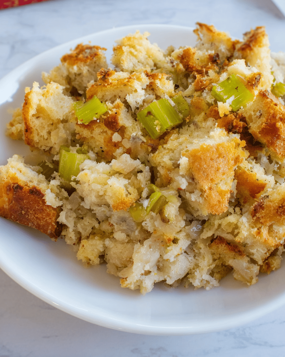 The image shows a close-up view of a dish in a white plate filled with a bread stuffing mix. The stuffing has uneven layers and pieces, with a golden brown crust on top and soft inner parts that are light beige and white. There are visible pieces of green celery and translucent onions scattered on top and inside the stuffing. The texture looks crumbly with some crispy bits and soft, moist parts underneath. The plate sits on a white marbled surface. photo taken with an iphone --ar 4:5 --v 7