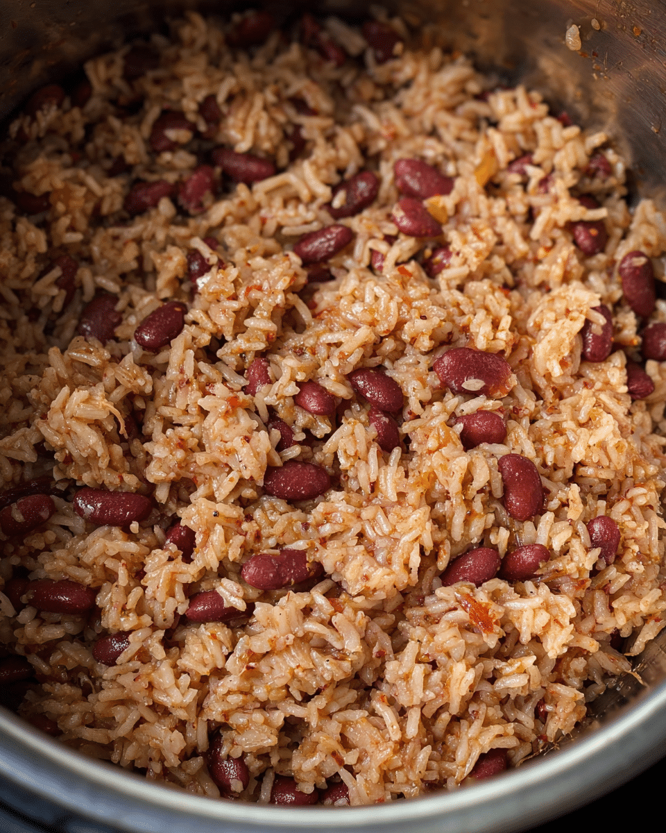 The image shows a close-up view of cooked rice mixed with red kidney beans in a metal pot. The rice appears light brown with a slightly moist texture, while the red beans are scattered evenly throughout, giving small pops of deeper red color. Tiny bits of seasoning and spices can be seen mixed in with the rice and beans, adding slight texture and color variations. The inside of the metal pot is visible around the edges, showing a shiny silver surface. The overall look is warm and hearty, with the rice and beans blending well together in one layer. Photo taken with an iphone --ar 4:5 --v 7