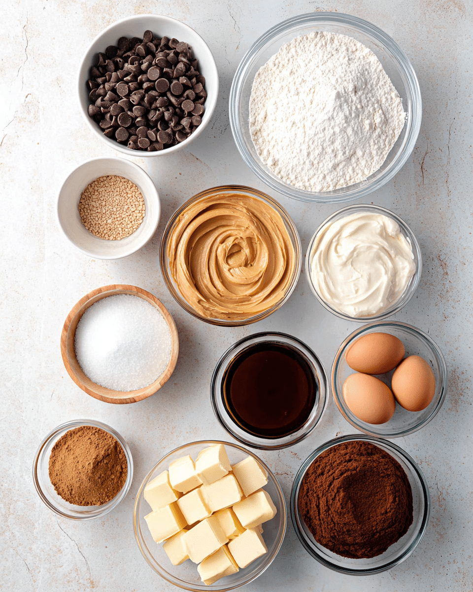 The image shows a flat lay of various baking ingredients arranged neatly on a white marbled surface. There are twelve separate containers and three eggs scattered in the middle. Starting from the top left, there is a white bowl filled with dark chocolate chips, followed by a large clear glass bowl filled with white powdered sugar. To the right, a smaller clear glass bowl with white cream. Below the chocolate chips, a clear bowl holds creamy peanut butter with a smooth, swirled texture. A small light wood bowl with white salt sits in the center. Next to it is a small white bowl filled with dark brown vanilla extract, and to the right, three brown eggs resting directly on the surface. Below the eggs, a clear glass bowl contains dark brown sugar with a coarse texture, and adjacent to it is a clear glass bowl with light cream. On the bottom left, a clear glass bowl holds white granulated sugar, beside it a small white bowl with cocoa powder showing a rough texture, and next to that, a white bowl with several blocks of yellow butter. The ingredients create a clean and organized presentation. photo taken with an iphone --ar 4:5 --v 7