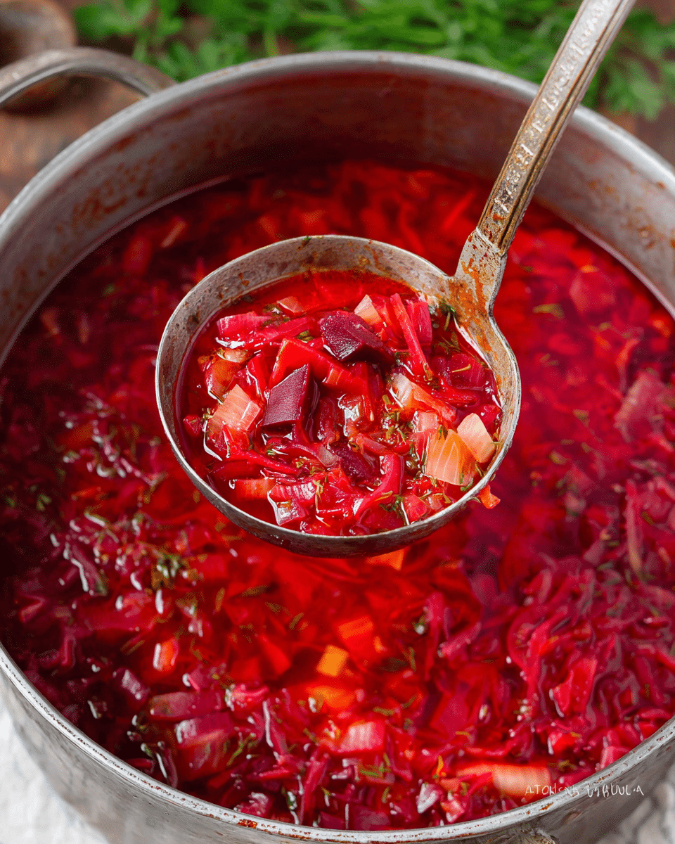 The image shows a large pot filled with bright red soup, full of small, soft vegetable pieces, mainly shredded and chopped beets along with translucent, thin onion strips. A metal ladle is lifted from the pot, holding a scoop of the soup that reveals its thick, chunky texture in deep red and hints of green herbs. The pot is on a white marbled surface with some green herbs blurred in the background. The overall look is warm, hearty, and richly colored. photo taken with an iphone --ar 4:5 --v 7