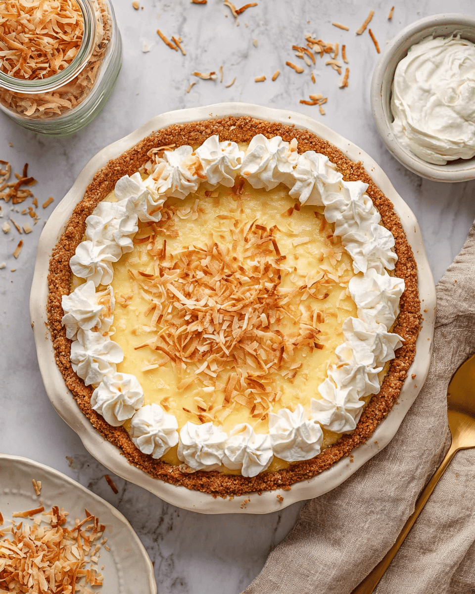 The image shows a pie with a golden brown crust on a white plate. The pie filling looks creamy and light yellow with some toasted shredded coconut sprinkled on top. Around the edge of the pie, there are white whipped cream swirls, each topped with a little bit of toasted coconut. The background is a white marbled surface. Near the pie, there is a small bowl with white cream and a jar filled with toasted shredded coconut on a white plate, also with some coconut spilled around. A gold spoon and a beige cloth are partly visible near the bottom right corner of the image. photo taken with an iphone --ar 4:5 --v 7