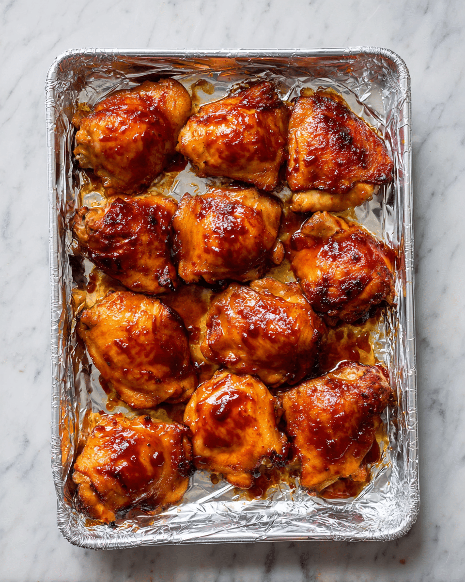 The image shows a silver foil-lined baking tray filled with eleven pieces of golden-brown chicken thighs coated in a shiny, reddish-brown barbecue sauce. Each piece has a slightly crispy texture at the edges with some parts darker from roasting. The tray is placed on a white marbled surface, and the chicken pieces are arranged close together but not overlapping photo taken with an iphone --ar 4:5 --v 7