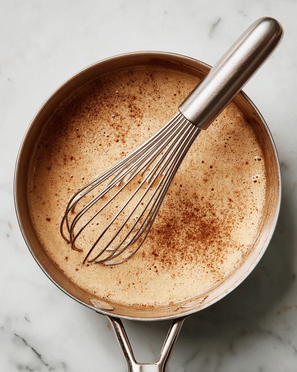 The image shows a single layer of light creamy brown liquid with specks of darker brown mixed evenly inside a round silver metal pan. A shiny metal whisk with a long handle lies diagonally across the pan, partly submerged in the liquid. The pan is placed on a white marbled textured surface. photo taken with an iphone --ar 4:5 --v 7