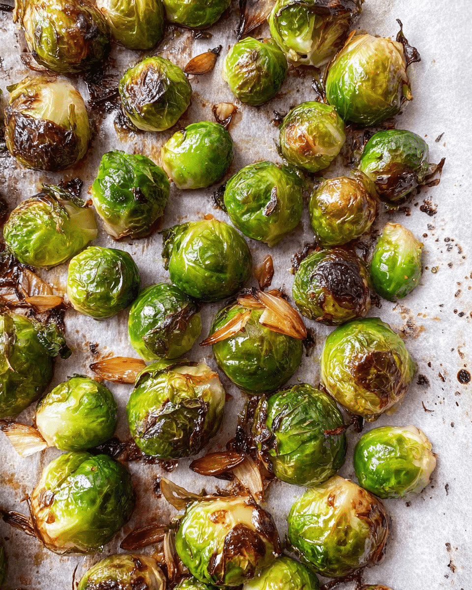 The image shows a single layer of roasted Brussels sprouts on a parchment-lined tray. The Brussels sprouts vary in sizes, with a shiny green and golden-brown color from roasting. Some have browned, crispy outer leaves, adding a mix of dark and light brown textures, while others remain mostly green with slight caramelized edges. Thin slices of golden-brown roasted garlic are scattered between the Brussels sprouts, breaking up the green tones. The parchment paper underneath has dark roasting spots and slightly burnt bits, creating contrast against its light surface. The overall look is warm and crispy with a mix of green, brown, and golden colors on a white marbled texture background photo taken with an iphone --ar 4:5 --v 7