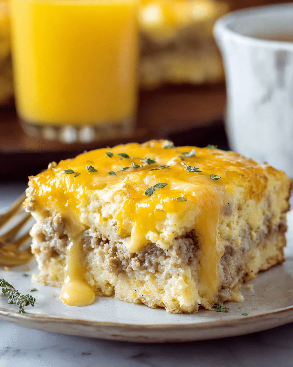 The image shows a thick slice of layered casserole on a white plate. The bottom layer is pale yellow and looks soft and crumbly. The middle layer is ground meat with a light brown, crumbly texture. The top layer is melted cheddar cheese, bright orange, covering the casserole and slightly dripping down the sides, garnished with small bits of green herbs. In the background, there is a blurry tall glass filled with vibrant orange juice. The whole setting is on a white marbled surface. Photo taken with an iphone --ar 4:5 --v 7