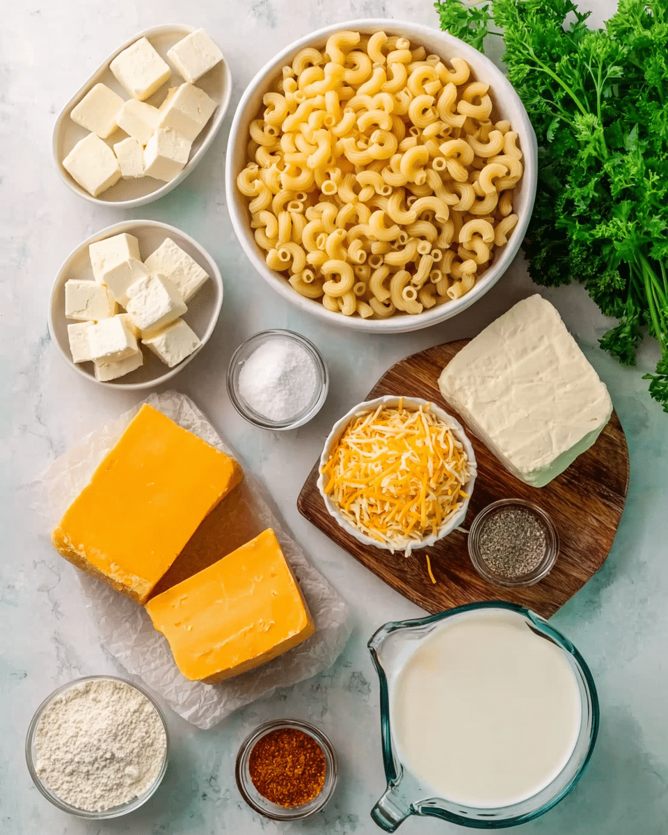 The image shows a top view of ingredients for a dish arranged on a white marbled surface. In the center is a white bowl filled with cooked elbow macaroni, pale yellow and spiral-shaped. Around it are small white bowls holding solid white butter cubes, a creamy white sauce, and a light yellow thick sauce. On a wooden board to the side are three blocks of cheese: one bright orange, one completely white, and one marbled orange and white, with some shredded cheese scattered near them. There is also a clear glass measuring cup filled with white milk next to the bowl. Several small containers hold white flour, red paprika powder, black pepper, and white salt, all near the bottom of the image. Fresh green parsley adds a touch of color to the upper right. The photo taken with an iphone --ar 4:5 --v 7