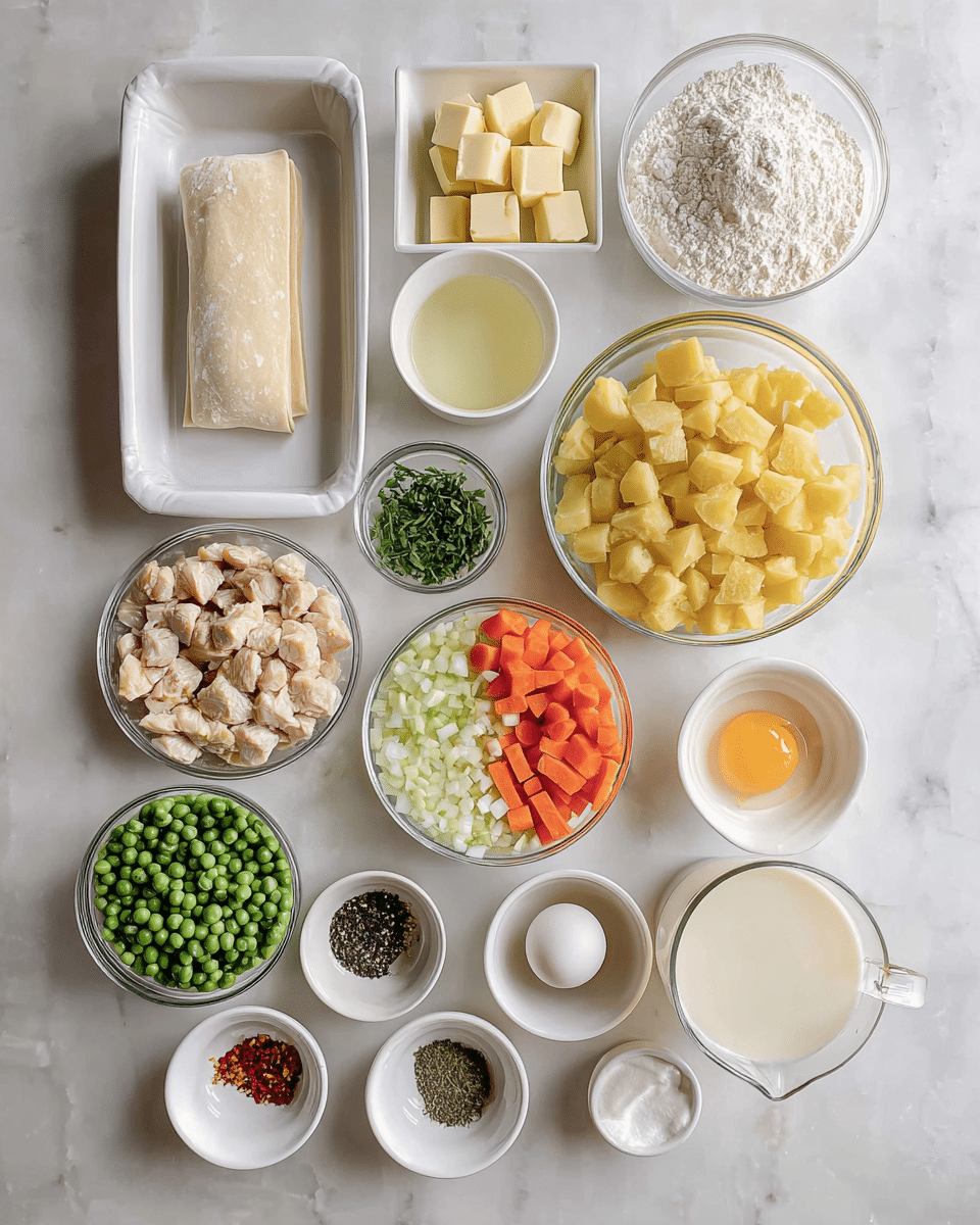 The image shows a top view of various cooking ingredients neatly arranged on a white marbled surface. At the top left, there is a white rectangular dish with several folded yellow pastry sheets. To the right, a small white bowl contains two cubes of butter, and below it is a small white bowl with a pale yellow liquid. At the center left, a white bowl is filled with diced, cooked chicken pieces. Next to it, a small clear glass bowl holds green herbs. To the right, a larger clear bowl is filled with cubed yellow potatoes. Below, a large clear bowl contains chopped onions, celery, and round slices of orange carrots side by side. At the bottom left, a white bowl has fresh green peas. Below that, small white bowls contain black pepper, salt, thyme, mixed dried herbs, and red pepper flakes. There is a single egg yolk in a small white cup near the peas. A clear measuring cup filled with white cream sits above a larger measuring cup with light yellow broth on the bottom right. A small bowl of white flour is placed near the center bottom. photo taken with an iphone --ar 4:5 --v 7