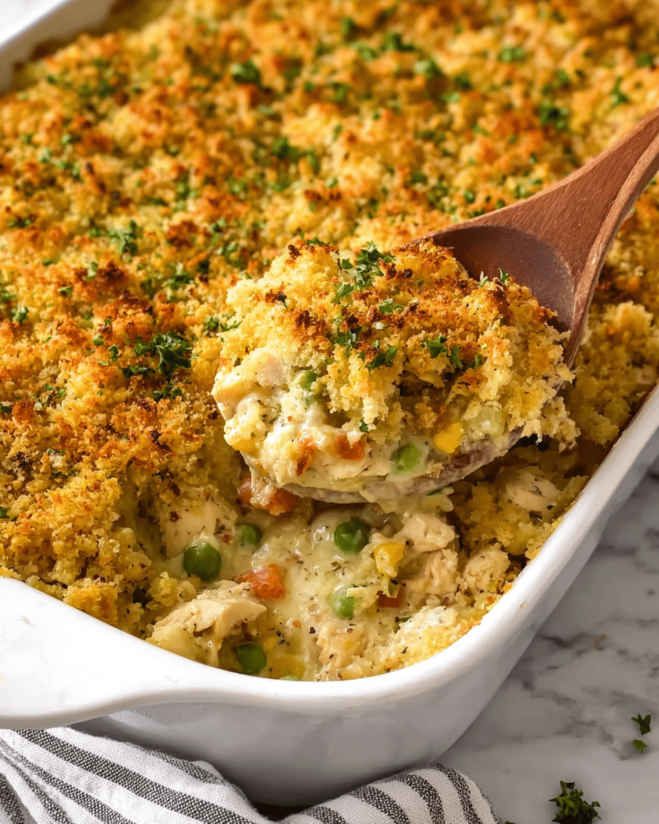 The image shows a white baking dish filled with a layered casserole. The top layer is golden brown with a crispy, crumbly texture from toasted breadcrumbs mixed with herbs. Below this, there is a creamy layer containing a mix of diced vegetables like peas and carrots, along with pieces of chicken, all coated in a light sauce. Small bits of chopped green herbs are scattered on top, adding a fresh touch. A wooden spoon is partially scooping the casserole from the dish, showing the soft, moist inside layers. The dish is set on a white marbled surface with a striped cloth partially visible. Photo taken with an iphone --ar 4:5 --v 7