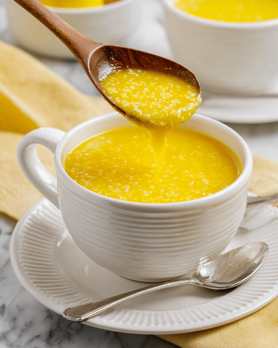 The image shows a white cup filled with thick, bright yellow soup with small white grains throughout its surface covering one layer. A wooden spoon dipped into the cup lifts some of the soup, showing its thick and slightly lumpy texture, with the spoon coming from the top left. The cup sits on a white saucer with a ridged pattern, and a silver spoon rests on the saucer's right side. The setting includes a white marbled surface underneath and a folded yellow cloth napkin partly visible near the bottom right corner. In the background, more white cups and containers of soup appear blurred. Photo taken with an iphone --ar 4:5 --v 7