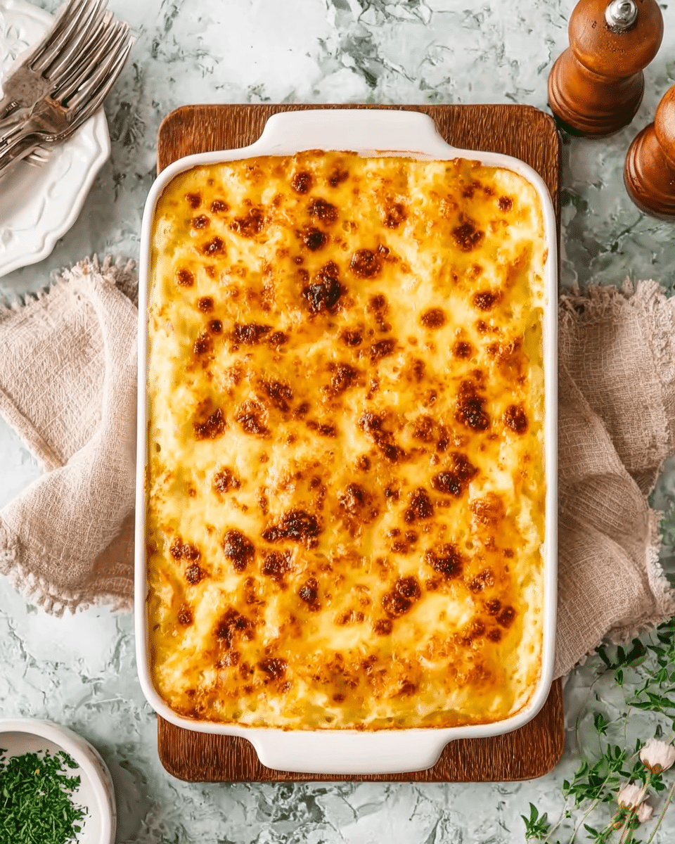 The image shows a white rectangular baking dish filled with a golden baked casserole. The top layer is a melted cheese crust with browned bubbles spread unevenly, giving it a slightly crispy texture. The baking dish is placed on a wooden board, which sits on a white marbled textured surface. There is a beige cloth napkin partly under the board, and nearby are two silver forks, a small white bowl with green herbs, a wooden spoon, and salt and pepper shakers. Photo taken with an iphone --ar 4:5 --v 7