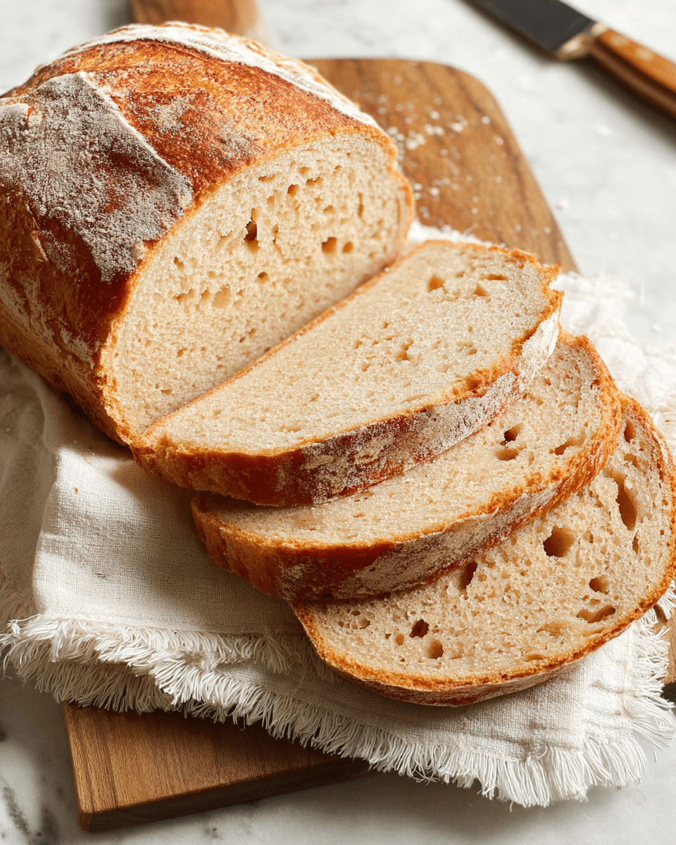 The image shows a wooden board covered with a white cloth that has frayed edges, holding a loaf of bread and five slices of the bread cut evenly. The bread has a golden-brown crust with a slightly rough and flour-dusted texture. Each slice reveals a light beige inside with small air holes and a soft crumb. The background surface is a white marbled texture. Photo taken with an iphone --ar 4:5 --v 7