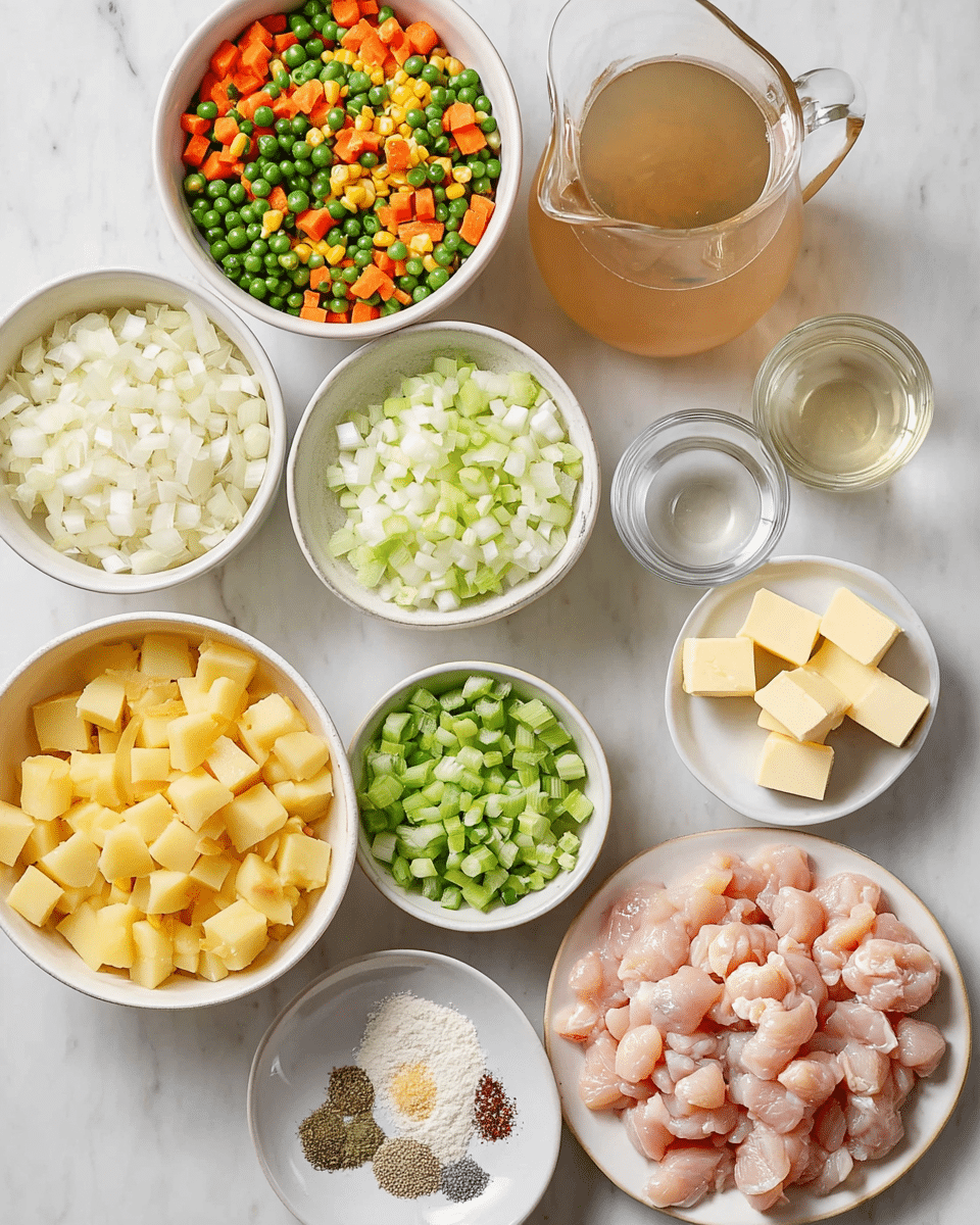 The image shows an arranged set of ingredients on a white marbled surface, each in white bowls or plates. At the bottom right, there is a plate filled with pale pink, cubed raw chicken. Above it is a bowl with small, white chopped onions. To the left, a bowl holds a colorful mix of green beans, corn, carrots, and peas. In the center is a bowl filled with yellow cubed potatoes. Above the potatoes is a bowl of diced green celery. To the top right, there is a clear glass jug with light brown liquid and in front of it a small clear glass cup with white liquid. To the far right, a small white dish holds four pale yellow butter pieces. On the far left, there is a small bowl of white flour. Below it is a small plate of finely chopped garlic, and next to it is another white plate with six piles of seasonings including salt, pepper, and dried herbs. Photo taken with an iphone --ar 4:5 --v 7