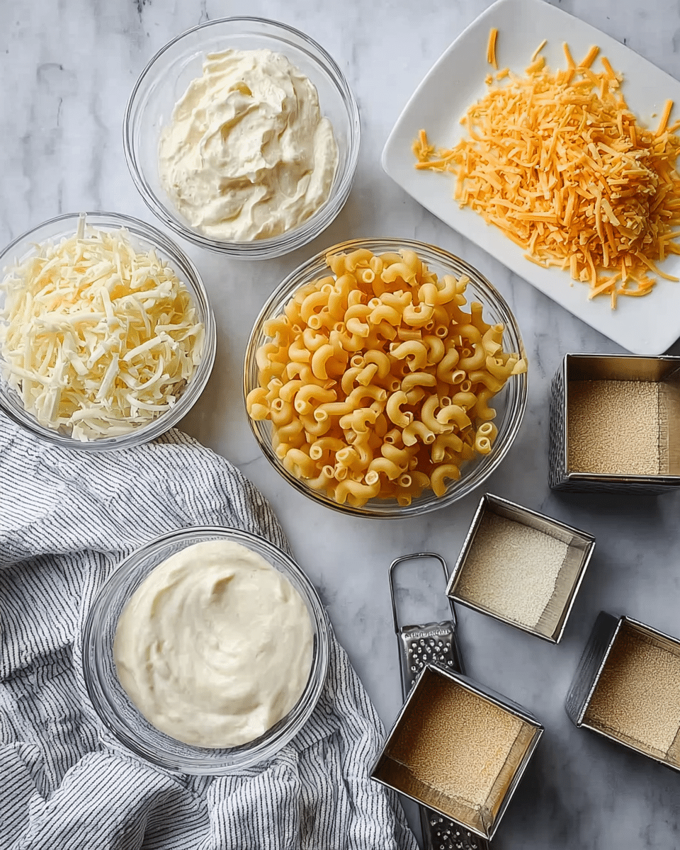 The image shows an overhead view of several clear glass bowls and small metal containers arranged on a white marbled surface. In the center, there is a bowl filled with uncooked elbow macaroni, golden yellow in color and curled in shape. Around it, there are three bowls with creamy, white, and smooth-textured sauces or creams. One bowl contains shredded white cheese with a soft texture, while another has shredded orange cheese with a rougher texture placed on a white plate next to a grater. Two square metal containers hold fine powdery seasonings, one light beige and the other pale yellow. A white and gray striped cloth is partially laid under some of the bowls, adding a soft texture to the scene. Photo taken with an iphone --ar 4:5 --v 7