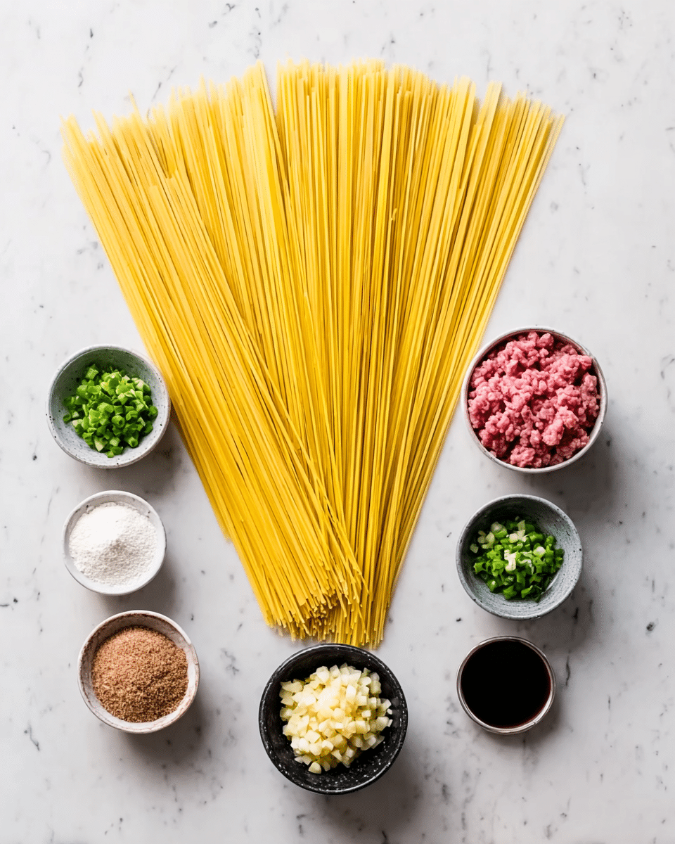 The image shows dry spaghetti noodles arranged in a fanned-out shape on a white marbled surface. At the base of the noodles is a small black bowl with grated garlic. Above the noodles, five small bowls are lined up horizontally: the leftmost bowl contains white powdery substance, the next bowl has chopped green onions, the middle bowl contains pink ground meat, the next bowl holds a dark liquid, and the rightmost bowl has a brown powder. photo taken with an iphone --ar 4:5 --v 7
