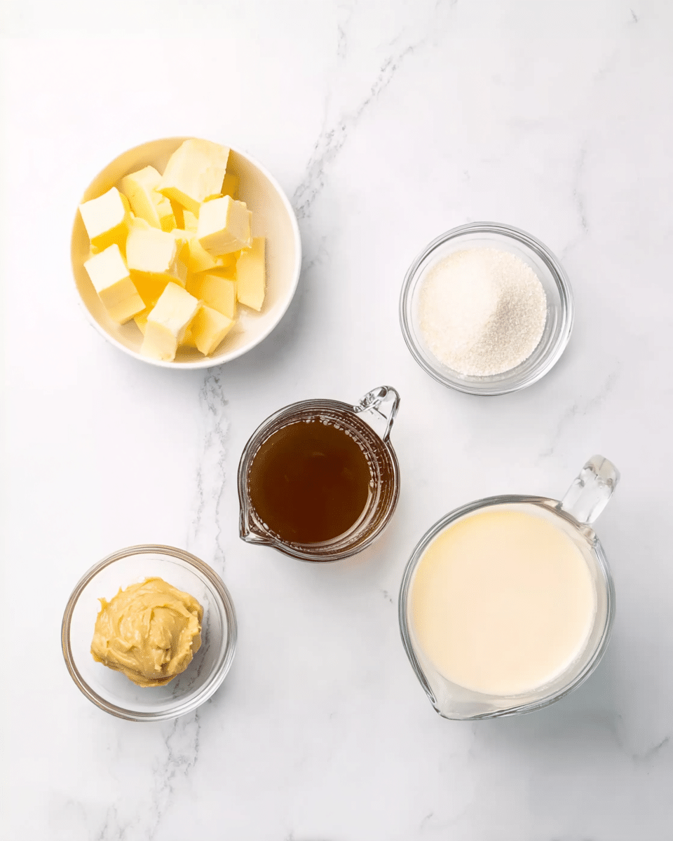 The image shows five small glass and white bowls arranged on a white marbled surface. At the top left, there is a white bowl filled with several small cubes of yellow butter. To the right of this bowl, there is a small glass bowl containing a white granular substance, likely sugar. In the bottom left corner, a small glass bowl holds a thick, pale yellow mustard-like paste. Near the center, a glass measuring cup is filled with a dark brown liquid, likely broth or sauce. To the right of this cup, another glass measuring cup contains a thick, creamy white liquid. All items are evenly spaced and viewed from above. photo taken with an iphone --ar 4:5 --v 7