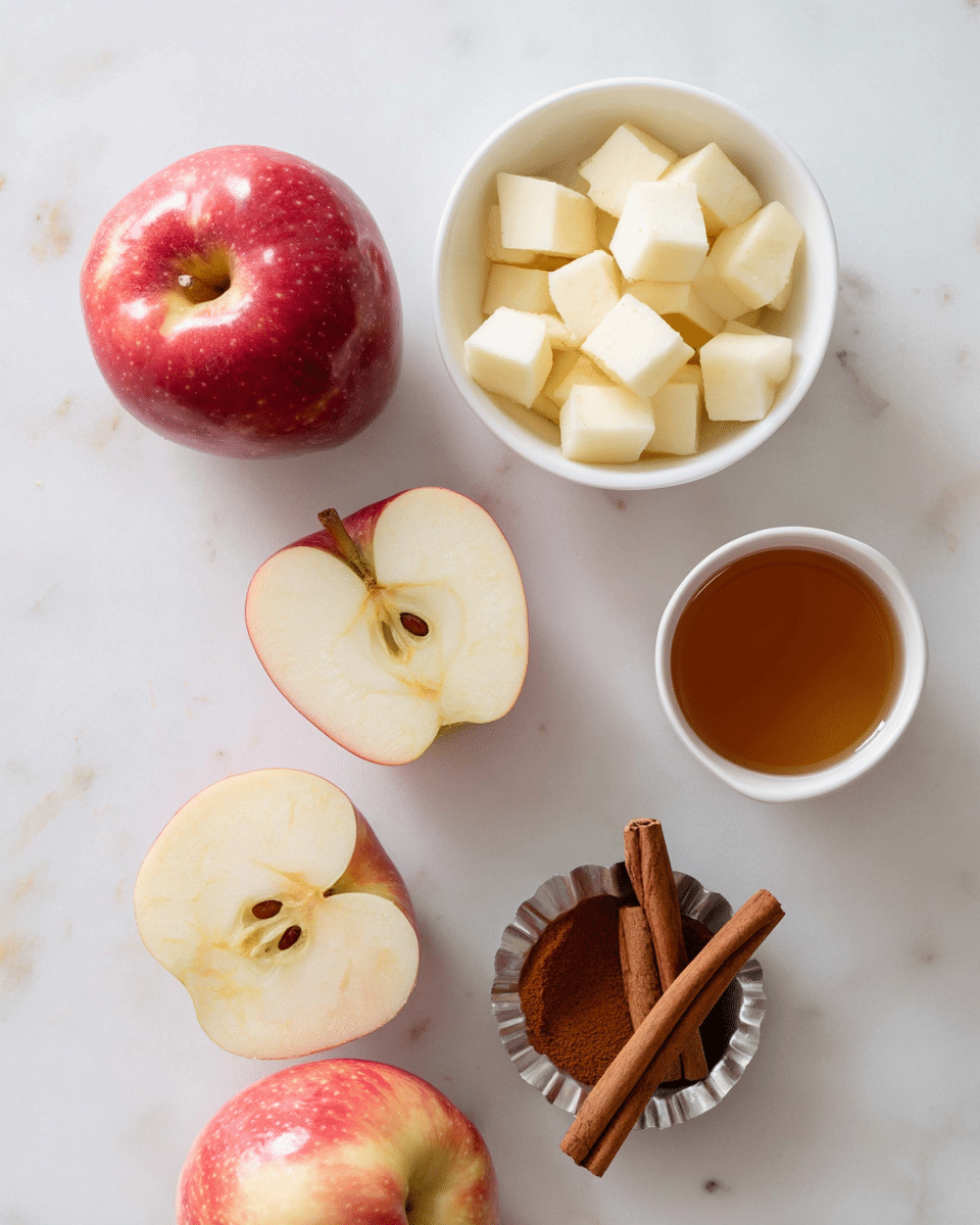 The image shows fresh apple ingredients arranged on a white marbled surface. There are two whole red apples with shades of pink and yellow, one apple cut in half exposing its pale yellow inside and seeds, and a white bowl filled with small, white apple cubes. Near these, there is a small white cup containing a light brown liquid, likely syrup or honey, and a metal tart mold holding two whole cinnamon sticks laid over brown ground cinnamon. The scene is bright with soft natural light, and all items are spaced neatly with clear details visible. photo taken with an iphone --ar 4:5 --v 7